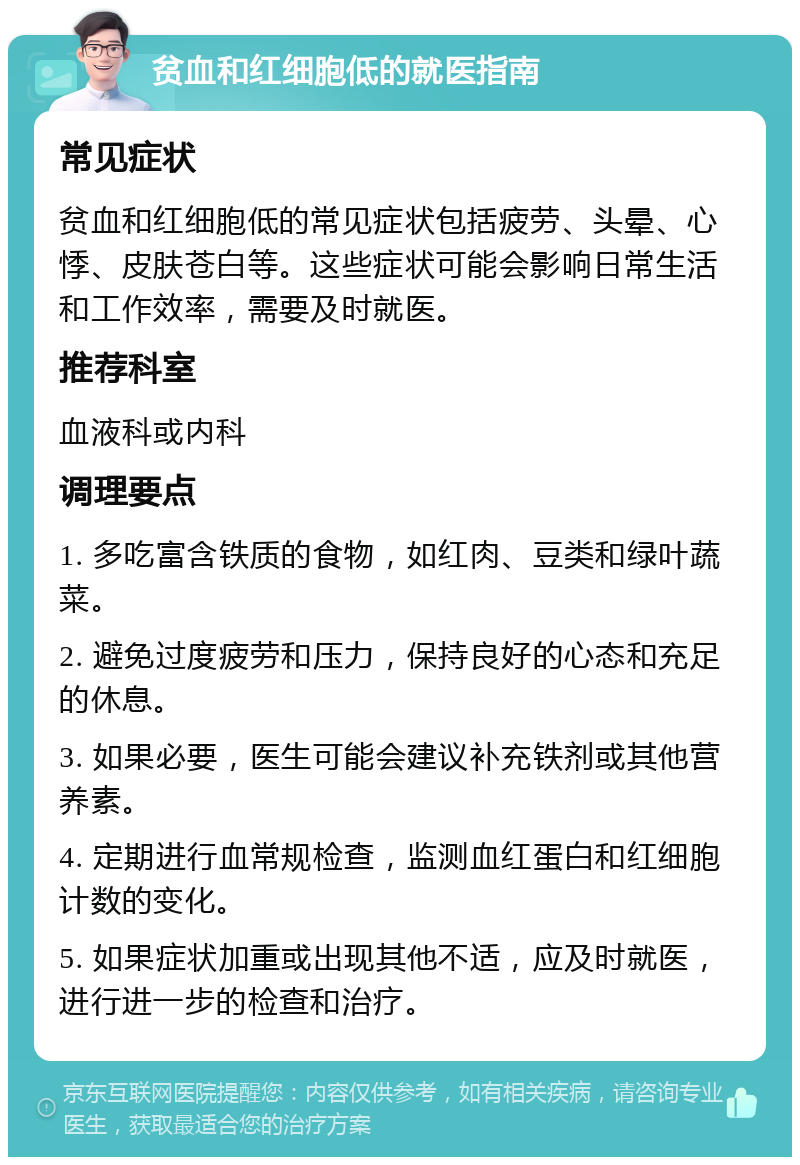 贫血和红细胞低的就医指南 常见症状 贫血和红细胞低的常见症状包括疲劳、头晕、心悸、皮肤苍白等。这些症状可能会影响日常生活和工作效率，需要及时就医。 推荐科室 血液科或内科 调理要点 1. 多吃富含铁质的食物，如红肉、豆类和绿叶蔬菜。 2. 避免过度疲劳和压力，保持良好的心态和充足的休息。 3. 如果必要，医生可能会建议补充铁剂或其他营养素。 4. 定期进行血常规检查，监测血红蛋白和红细胞计数的变化。 5. 如果症状加重或出现其他不适，应及时就医，进行进一步的检查和治疗。