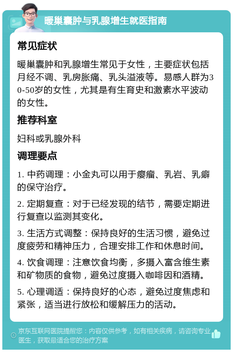 暖巢囊肿与乳腺增生就医指南 常见症状 暖巢囊肿和乳腺增生常见于女性，主要症状包括月经不调、乳房胀痛、乳头溢液等。易感人群为30-50岁的女性，尤其是有生育史和激素水平波动的女性。 推荐科室 妇科或乳腺外科 调理要点 1. 中药调理：小金丸可以用于瘿瘤、乳岩、乳癖的保守治疗。 2. 定期复查：对于已经发现的结节，需要定期进行复查以监测其变化。 3. 生活方式调整：保持良好的生活习惯，避免过度疲劳和精神压力，合理安排工作和休息时间。 4. 饮食调理：注意饮食均衡，多摄入富含维生素和矿物质的食物，避免过度摄入咖啡因和酒精。 5. 心理调适：保持良好的心态，避免过度焦虑和紧张，适当进行放松和缓解压力的活动。