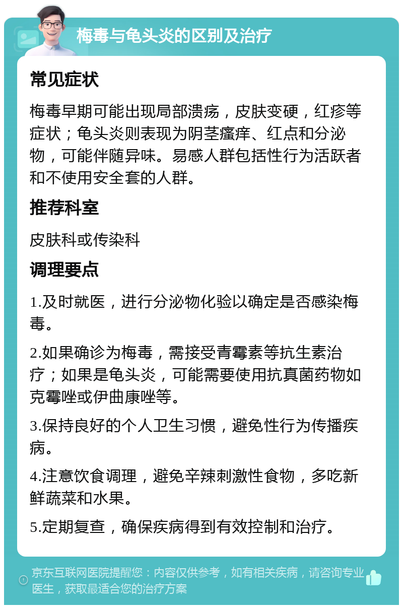 梅毒与龟头炎的区别及治疗 常见症状 梅毒早期可能出现局部溃疡，皮肤变硬，红疹等症状；龟头炎则表现为阴茎瘙痒、红点和分泌物，可能伴随异味。易感人群包括性行为活跃者和不使用安全套的人群。 推荐科室 皮肤科或传染科 调理要点 1.及时就医，进行分泌物化验以确定是否感染梅毒。 2.如果确诊为梅毒，需接受青霉素等抗生素治疗；如果是龟头炎，可能需要使用抗真菌药物如克霉唑或伊曲康唑等。 3.保持良好的个人卫生习惯，避免性行为传播疾病。 4.注意饮食调理，避免辛辣刺激性食物，多吃新鲜蔬菜和水果。 5.定期复查，确保疾病得到有效控制和治疗。