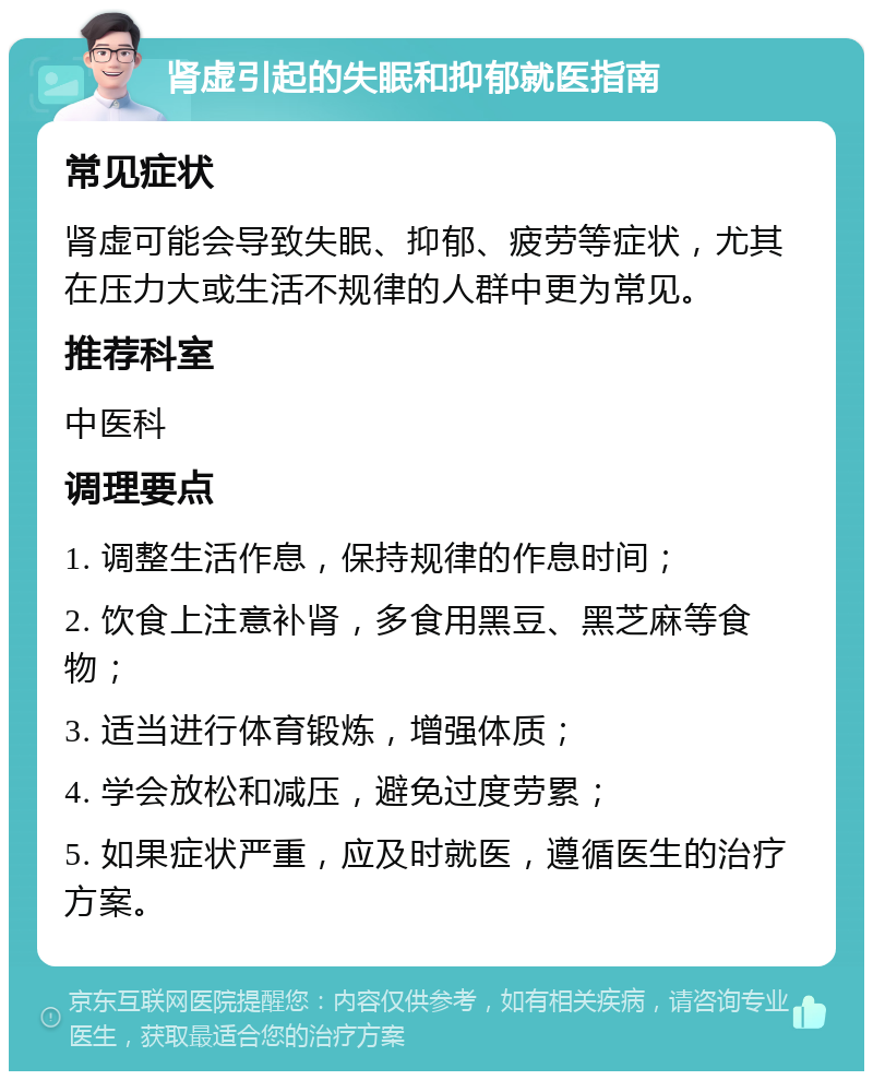 肾虚引起的失眠和抑郁就医指南 常见症状 肾虚可能会导致失眠、抑郁、疲劳等症状，尤其在压力大或生活不规律的人群中更为常见。 推荐科室 中医科 调理要点 1. 调整生活作息，保持规律的作息时间； 2. 饮食上注意补肾，多食用黑豆、黑芝麻等食物； 3. 适当进行体育锻炼，增强体质； 4. 学会放松和减压，避免过度劳累； 5. 如果症状严重，应及时就医，遵循医生的治疗方案。