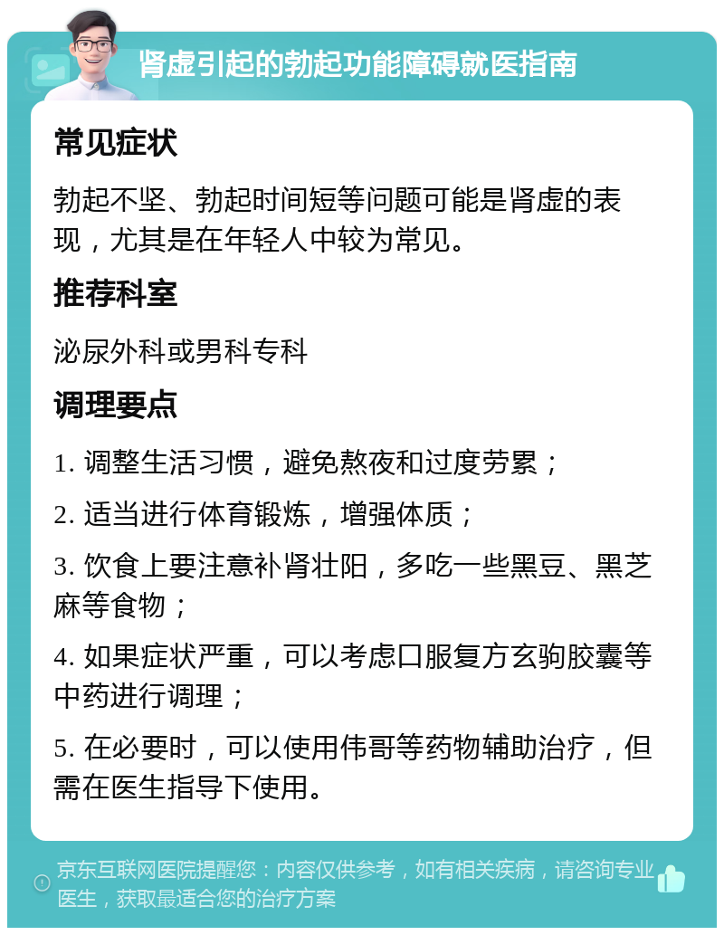 肾虚引起的勃起功能障碍就医指南 常见症状 勃起不坚、勃起时间短等问题可能是肾虚的表现，尤其是在年轻人中较为常见。 推荐科室 泌尿外科或男科专科 调理要点 1. 调整生活习惯，避免熬夜和过度劳累； 2. 适当进行体育锻炼，增强体质； 3. 饮食上要注意补肾壮阳，多吃一些黑豆、黑芝麻等食物； 4. 如果症状严重，可以考虑口服复方玄驹胶囊等中药进行调理； 5. 在必要时，可以使用伟哥等药物辅助治疗，但需在医生指导下使用。