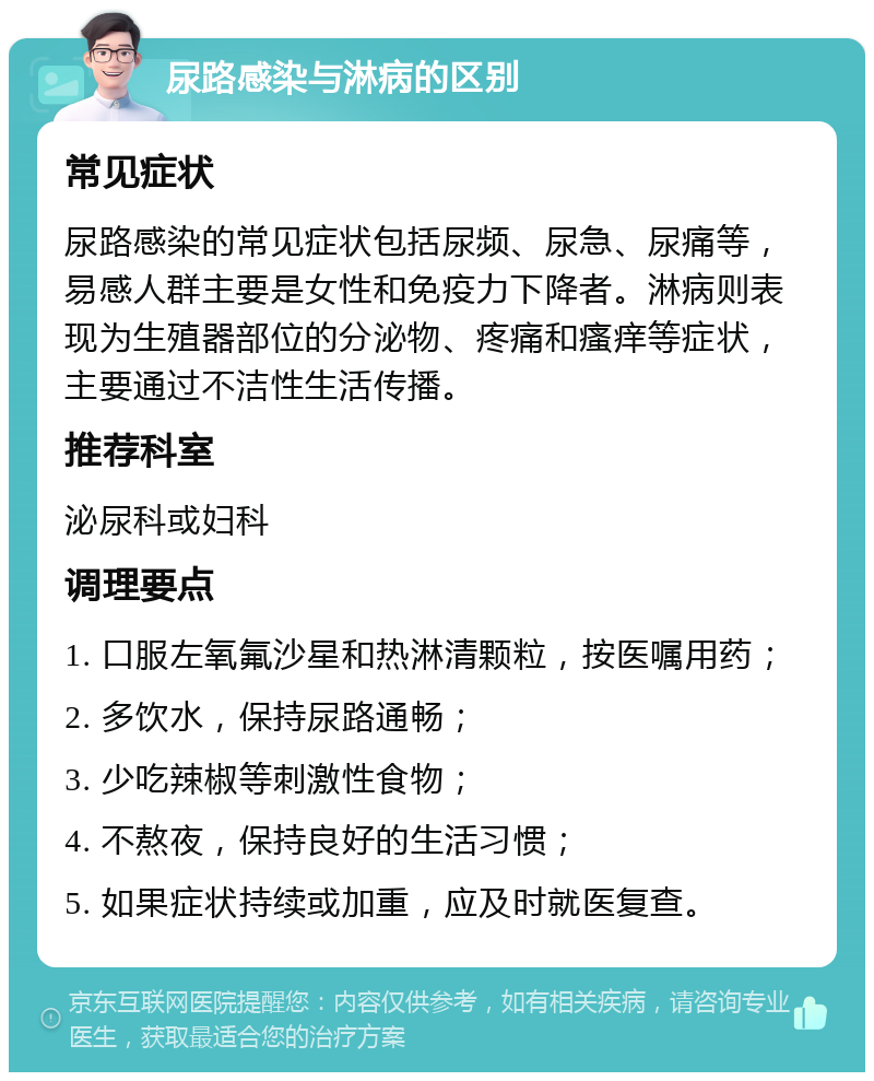 尿路感染与淋病的区别 常见症状 尿路感染的常见症状包括尿频、尿急、尿痛等，易感人群主要是女性和免疫力下降者。淋病则表现为生殖器部位的分泌物、疼痛和瘙痒等症状，主要通过不洁性生活传播。 推荐科室 泌尿科或妇科 调理要点 1. 口服左氧氟沙星和热淋清颗粒，按医嘱用药； 2. 多饮水，保持尿路通畅； 3. 少吃辣椒等刺激性食物； 4. 不熬夜，保持良好的生活习惯； 5. 如果症状持续或加重，应及时就医复查。