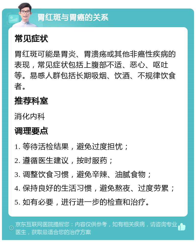 胃红斑与胃癌的关系 常见症状 胃红斑可能是胃炎、胃溃疡或其他非癌性疾病的表现，常见症状包括上腹部不适、恶心、呕吐等。易感人群包括长期吸烟、饮酒、不规律饮食者。 推荐科室 消化内科 调理要点 1. 等待活检结果，避免过度担忧； 2. 遵循医生建议，按时服药； 3. 调整饮食习惯，避免辛辣、油腻食物； 4. 保持良好的生活习惯，避免熬夜、过度劳累； 5. 如有必要，进行进一步的检查和治疗。