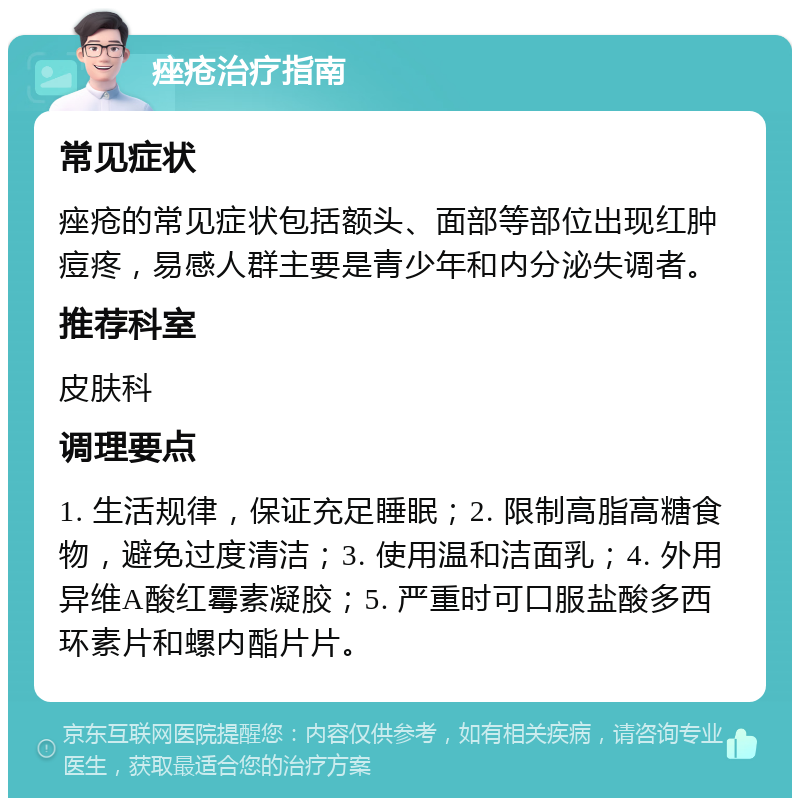 痤疮治疗指南 常见症状 痤疮的常见症状包括额头、面部等部位出现红肿痘疼，易感人群主要是青少年和内分泌失调者。 推荐科室 皮肤科 调理要点 1. 生活规律，保证充足睡眠；2. 限制高脂高糖食物，避免过度清洁；3. 使用温和洁面乳；4. 外用异维A酸红霉素凝胶；5. 严重时可口服盐酸多西环素片和螺内酯片片。