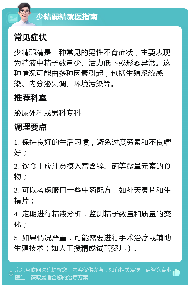 少精弱精就医指南 常见症状 少精弱精是一种常见的男性不育症状，主要表现为精液中精子数量少、活力低下或形态异常。这种情况可能由多种因素引起，包括生殖系统感染、内分泌失调、环境污染等。 推荐科室 泌尿外科或男科专科 调理要点 1. 保持良好的生活习惯，避免过度劳累和不良嗜好； 2. 饮食上应注意摄入富含锌、硒等微量元素的食物； 3. 可以考虑服用一些中药配方，如补天灵片和生精片； 4. 定期进行精液分析，监测精子数量和质量的变化； 5. 如果情况严重，可能需要进行手术治疗或辅助生殖技术（如人工授精或试管婴儿）。