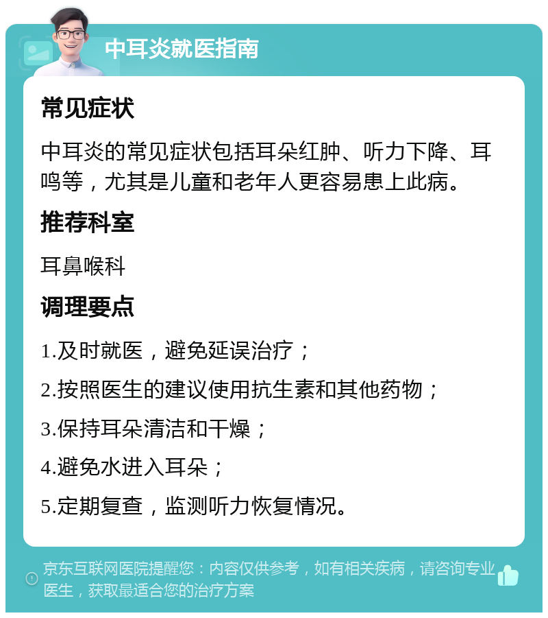 中耳炎就医指南 常见症状 中耳炎的常见症状包括耳朵红肿、听力下降、耳鸣等，尤其是儿童和老年人更容易患上此病。 推荐科室 耳鼻喉科 调理要点 1.及时就医，避免延误治疗； 2.按照医生的建议使用抗生素和其他药物； 3.保持耳朵清洁和干燥； 4.避免水进入耳朵； 5.定期复查，监测听力恢复情况。