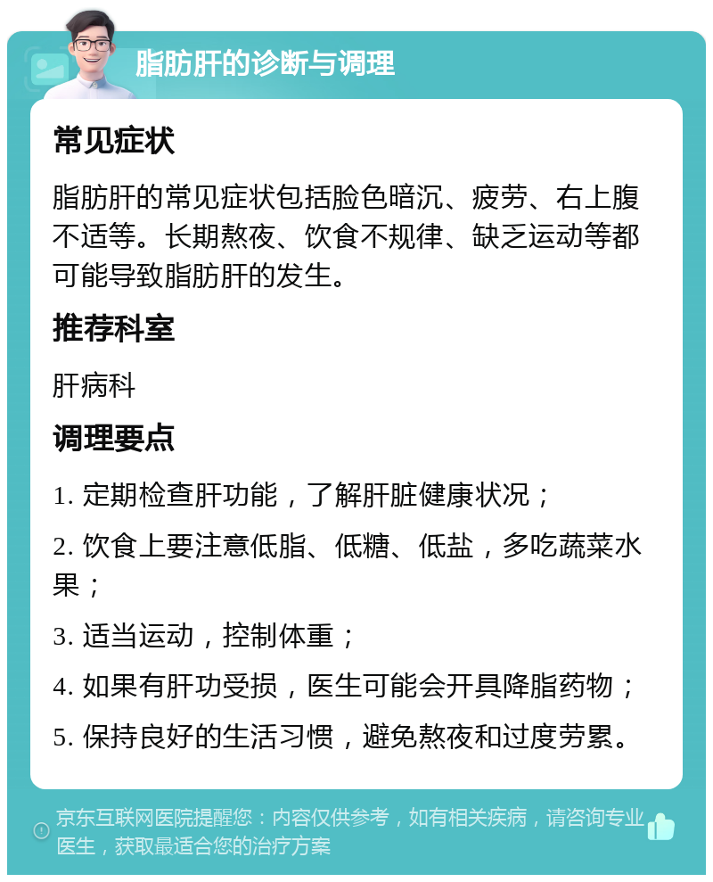 脂肪肝的诊断与调理 常见症状 脂肪肝的常见症状包括脸色暗沉、疲劳、右上腹不适等。长期熬夜、饮食不规律、缺乏运动等都可能导致脂肪肝的发生。 推荐科室 肝病科 调理要点 1. 定期检查肝功能，了解肝脏健康状况； 2. 饮食上要注意低脂、低糖、低盐，多吃蔬菜水果； 3. 适当运动，控制体重； 4. 如果有肝功受损，医生可能会开具降脂药物； 5. 保持良好的生活习惯，避免熬夜和过度劳累。