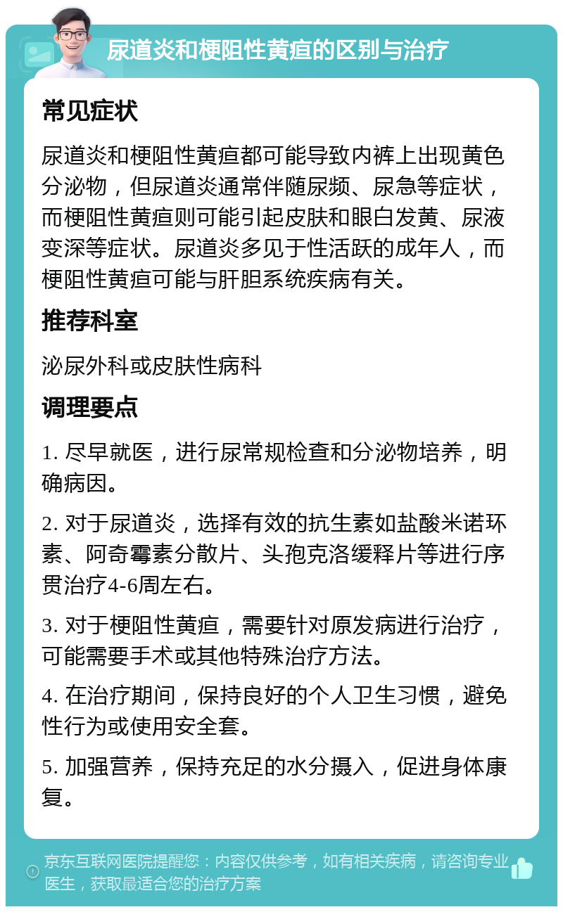 尿道炎和梗阻性黄疸的区别与治疗 常见症状 尿道炎和梗阻性黄疸都可能导致内裤上出现黄色分泌物，但尿道炎通常伴随尿频、尿急等症状，而梗阻性黄疸则可能引起皮肤和眼白发黄、尿液变深等症状。尿道炎多见于性活跃的成年人，而梗阻性黄疸可能与肝胆系统疾病有关。 推荐科室 泌尿外科或皮肤性病科 调理要点 1. 尽早就医，进行尿常规检查和分泌物培养，明确病因。 2. 对于尿道炎，选择有效的抗生素如盐酸米诺环素、阿奇霉素分散片、头孢克洛缓释片等进行序贯治疗4-6周左右。 3. 对于梗阻性黄疸，需要针对原发病进行治疗，可能需要手术或其他特殊治疗方法。 4. 在治疗期间，保持良好的个人卫生习惯，避免性行为或使用安全套。 5. 加强营养，保持充足的水分摄入，促进身体康复。