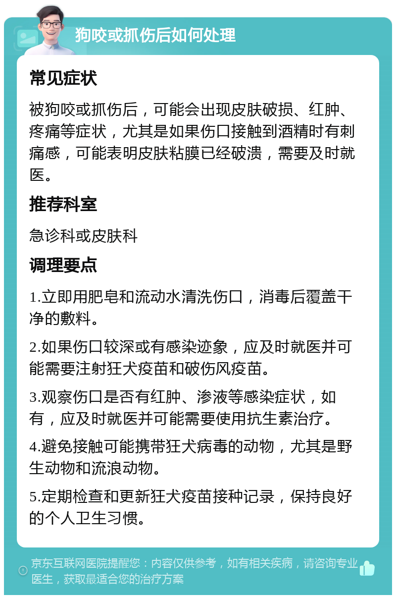 狗咬或抓伤后如何处理 常见症状 被狗咬或抓伤后，可能会出现皮肤破损、红肿、疼痛等症状，尤其是如果伤口接触到酒精时有刺痛感，可能表明皮肤粘膜已经破溃，需要及时就医。 推荐科室 急诊科或皮肤科 调理要点 1.立即用肥皂和流动水清洗伤口，消毒后覆盖干净的敷料。 2.如果伤口较深或有感染迹象，应及时就医并可能需要注射狂犬疫苗和破伤风疫苗。 3.观察伤口是否有红肿、渗液等感染症状，如有，应及时就医并可能需要使用抗生素治疗。 4.避免接触可能携带狂犬病毒的动物，尤其是野生动物和流浪动物。 5.定期检查和更新狂犬疫苗接种记录，保持良好的个人卫生习惯。