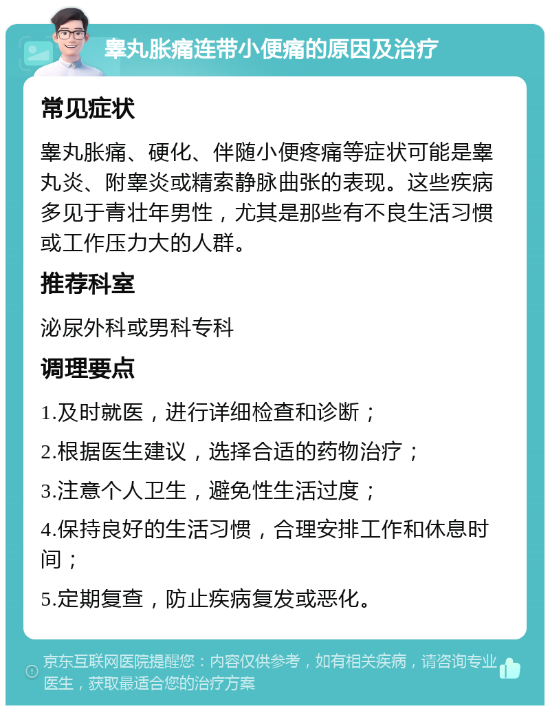 睾丸胀痛连带小便痛的原因及治疗 常见症状 睾丸胀痛、硬化、伴随小便疼痛等症状可能是睾丸炎、附睾炎或精索静脉曲张的表现。这些疾病多见于青壮年男性，尤其是那些有不良生活习惯或工作压力大的人群。 推荐科室 泌尿外科或男科专科 调理要点 1.及时就医，进行详细检查和诊断； 2.根据医生建议，选择合适的药物治疗； 3.注意个人卫生，避免性生活过度； 4.保持良好的生活习惯，合理安排工作和休息时间； 5.定期复查，防止疾病复发或恶化。