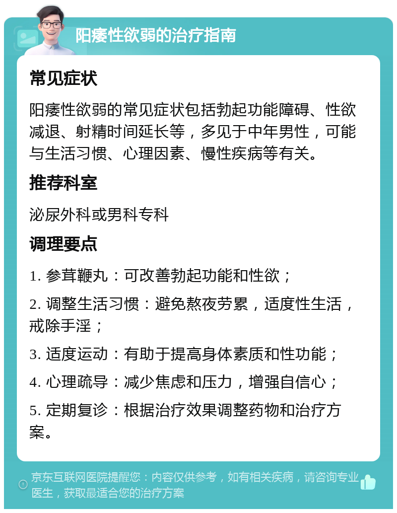 阳痿性欲弱的治疗指南 常见症状 阳痿性欲弱的常见症状包括勃起功能障碍、性欲减退、射精时间延长等，多见于中年男性，可能与生活习惯、心理因素、慢性疾病等有关。 推荐科室 泌尿外科或男科专科 调理要点 1. 参茸鞭丸：可改善勃起功能和性欲； 2. 调整生活习惯：避免熬夜劳累，适度性生活，戒除手淫； 3. 适度运动：有助于提高身体素质和性功能； 4. 心理疏导：减少焦虑和压力，增强自信心； 5. 定期复诊：根据治疗效果调整药物和治疗方案。