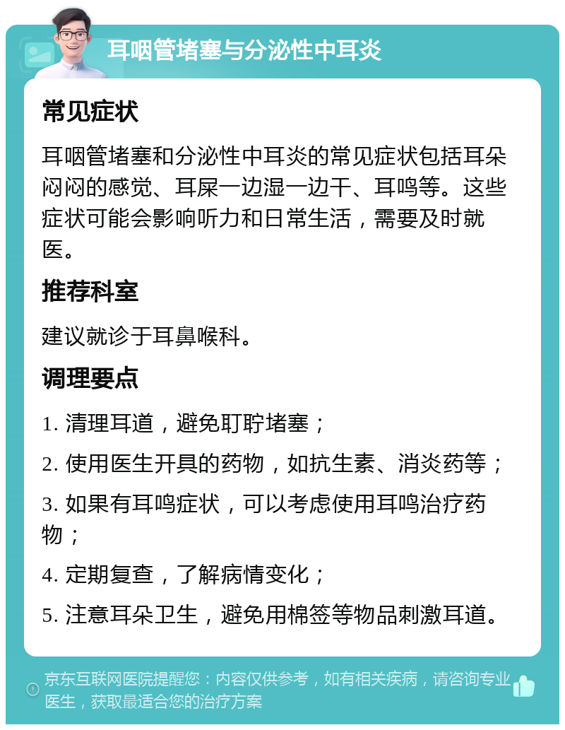 耳咽管堵塞与分泌性中耳炎 常见症状 耳咽管堵塞和分泌性中耳炎的常见症状包括耳朵闷闷的感觉、耳屎一边湿一边干、耳鸣等。这些症状可能会影响听力和日常生活，需要及时就医。 推荐科室 建议就诊于耳鼻喉科。 调理要点 1. 清理耳道，避免耵聍堵塞； 2. 使用医生开具的药物，如抗生素、消炎药等； 3. 如果有耳鸣症状，可以考虑使用耳鸣治疗药物； 4. 定期复查，了解病情变化； 5. 注意耳朵卫生，避免用棉签等物品刺激耳道。