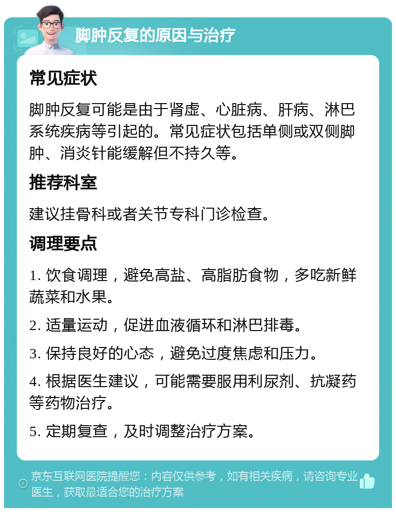 脚肿反复的原因与治疗 常见症状 脚肿反复可能是由于肾虚、心脏病、肝病、淋巴系统疾病等引起的。常见症状包括单侧或双侧脚肿、消炎针能缓解但不持久等。 推荐科室 建议挂骨科或者关节专科门诊检查。 调理要点 1. 饮食调理，避免高盐、高脂肪食物，多吃新鲜蔬菜和水果。 2. 适量运动，促进血液循环和淋巴排毒。 3. 保持良好的心态，避免过度焦虑和压力。 4. 根据医生建议，可能需要服用利尿剂、抗凝药等药物治疗。 5. 定期复查，及时调整治疗方案。