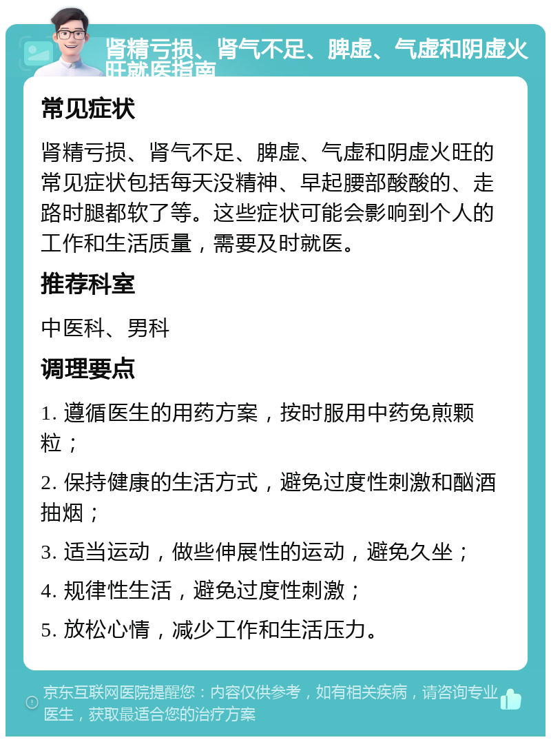 肾精亏损、肾气不足、脾虚、气虚和阴虚火旺就医指南 常见症状 肾精亏损、肾气不足、脾虚、气虚和阴虚火旺的常见症状包括每天没精神、早起腰部酸酸的、走路时腿都软了等。这些症状可能会影响到个人的工作和生活质量，需要及时就医。 推荐科室 中医科、男科 调理要点 1. 遵循医生的用药方案，按时服用中药免煎颗粒； 2. 保持健康的生活方式，避免过度性刺激和酗酒抽烟； 3. 适当运动，做些伸展性的运动，避免久坐； 4. 规律性生活，避免过度性刺激； 5. 放松心情，减少工作和生活压力。