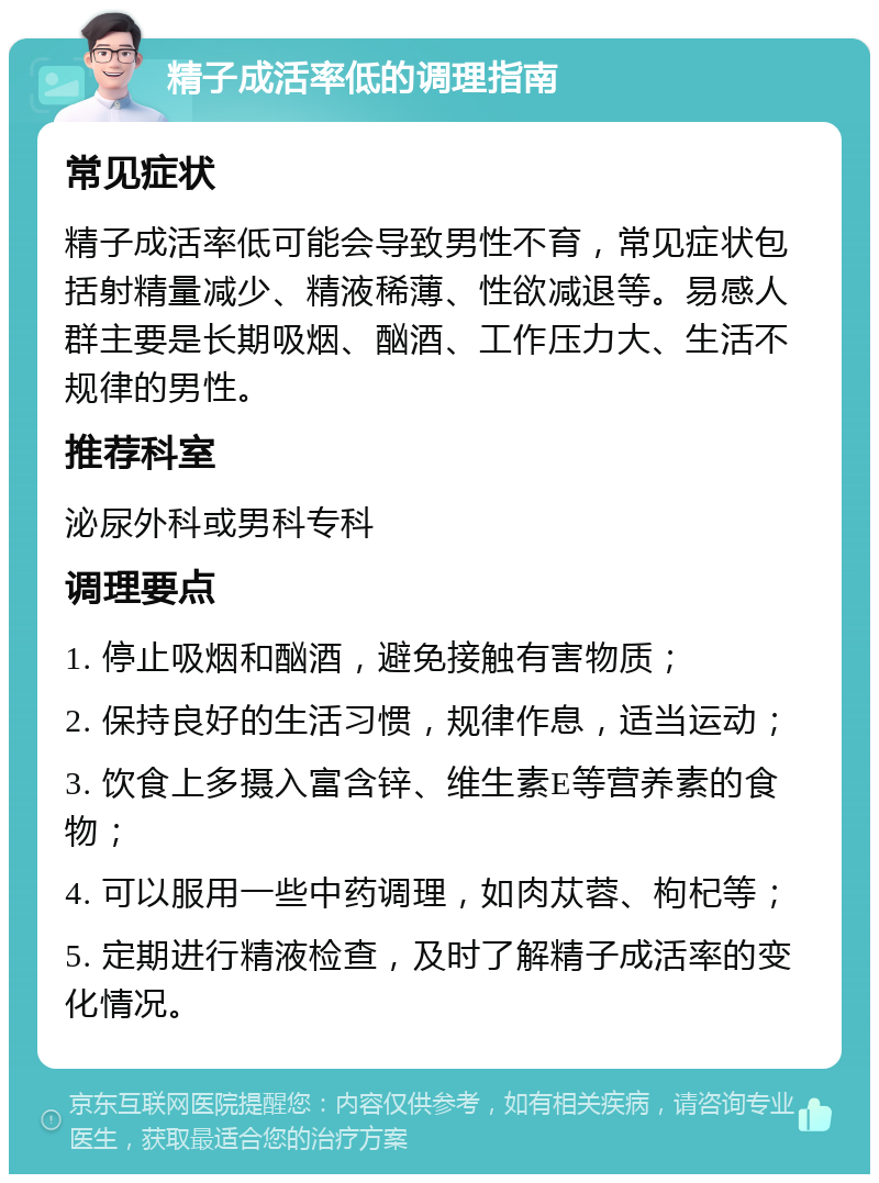 精子成活率低的调理指南 常见症状 精子成活率低可能会导致男性不育，常见症状包括射精量减少、精液稀薄、性欲减退等。易感人群主要是长期吸烟、酗酒、工作压力大、生活不规律的男性。 推荐科室 泌尿外科或男科专科 调理要点 1. 停止吸烟和酗酒，避免接触有害物质； 2. 保持良好的生活习惯，规律作息，适当运动； 3. 饮食上多摄入富含锌、维生素E等营养素的食物； 4. 可以服用一些中药调理，如肉苁蓉、枸杞等； 5. 定期进行精液检查，及时了解精子成活率的变化情况。