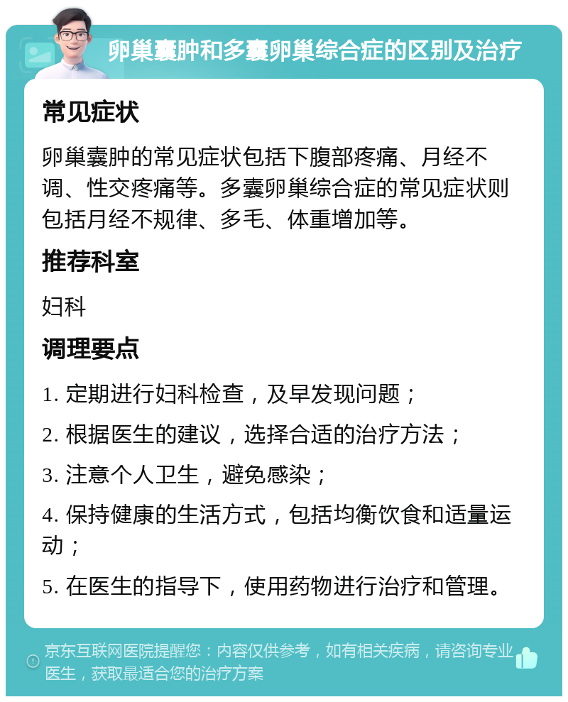 卵巢囊肿和多囊卵巢综合症的区别及治疗 常见症状 卵巢囊肿的常见症状包括下腹部疼痛、月经不调、性交疼痛等。多囊卵巢综合症的常见症状则包括月经不规律、多毛、体重增加等。 推荐科室 妇科 调理要点 1. 定期进行妇科检查，及早发现问题； 2. 根据医生的建议，选择合适的治疗方法； 3. 注意个人卫生，避免感染； 4. 保持健康的生活方式，包括均衡饮食和适量运动； 5. 在医生的指导下，使用药物进行治疗和管理。