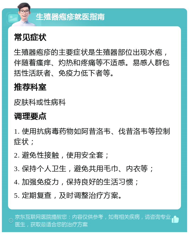 生殖器疱疹就医指南 常见症状 生殖器疱疹的主要症状是生殖器部位出现水疱，伴随着瘙痒、灼热和疼痛等不适感。易感人群包括性活跃者、免疫力低下者等。 推荐科室 皮肤科或性病科 调理要点 1. 使用抗病毒药物如阿昔洛韦、伐昔洛韦等控制症状； 2. 避免性接触，使用安全套； 3. 保持个人卫生，避免共用毛巾、内衣等； 4. 加强免疫力，保持良好的生活习惯； 5. 定期复查，及时调整治疗方案。