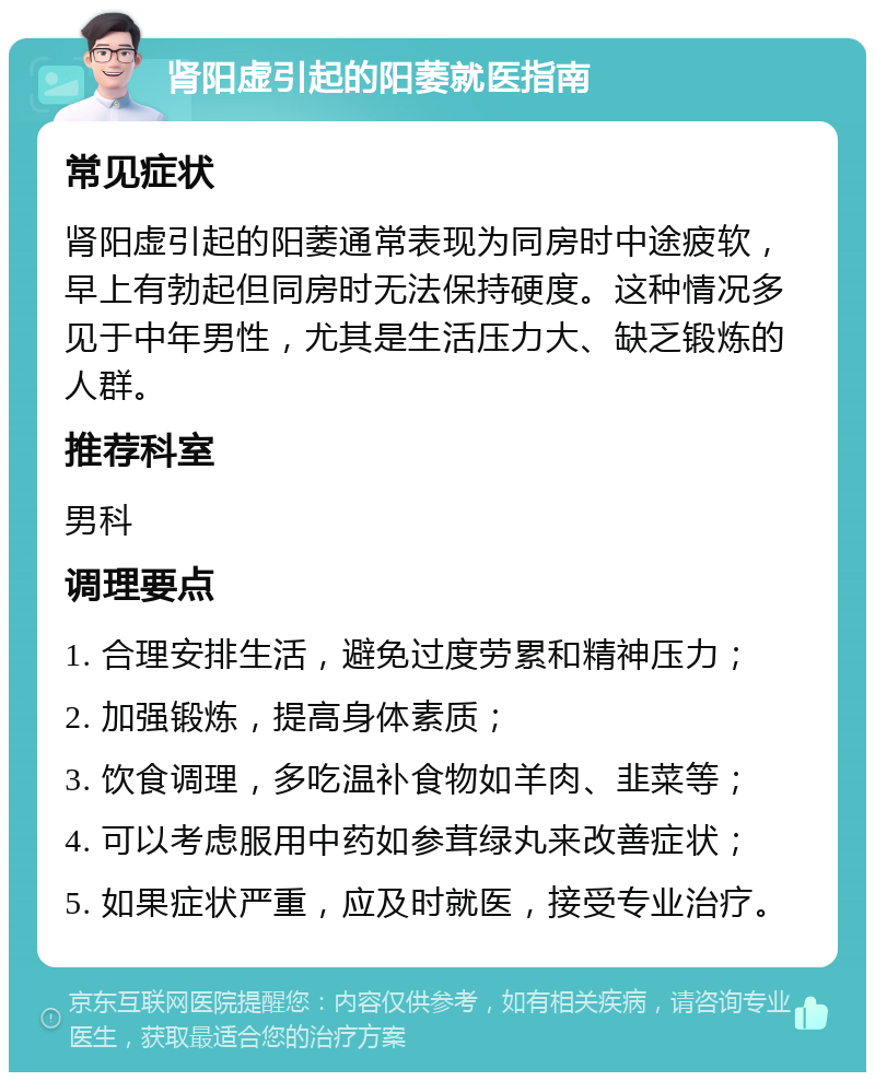 肾阳虚引起的阳萎就医指南 常见症状 肾阳虚引起的阳萎通常表现为同房时中途疲软，早上有勃起但同房时无法保持硬度。这种情况多见于中年男性，尤其是生活压力大、缺乏锻炼的人群。 推荐科室 男科 调理要点 1. 合理安排生活，避免过度劳累和精神压力； 2. 加强锻炼，提高身体素质； 3. 饮食调理，多吃温补食物如羊肉、韭菜等； 4. 可以考虑服用中药如参茸绿丸来改善症状； 5. 如果症状严重，应及时就医，接受专业治疗。