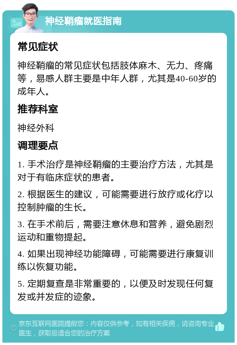 神经鞘瘤就医指南 常见症状 神经鞘瘤的常见症状包括肢体麻木、无力、疼痛等，易感人群主要是中年人群，尤其是40-60岁的成年人。 推荐科室 神经外科 调理要点 1. 手术治疗是神经鞘瘤的主要治疗方法，尤其是对于有临床症状的患者。 2. 根据医生的建议，可能需要进行放疗或化疗以控制肿瘤的生长。 3. 在手术前后，需要注意休息和营养，避免剧烈运动和重物提起。 4. 如果出现神经功能障碍，可能需要进行康复训练以恢复功能。 5. 定期复查是非常重要的，以便及时发现任何复发或并发症的迹象。