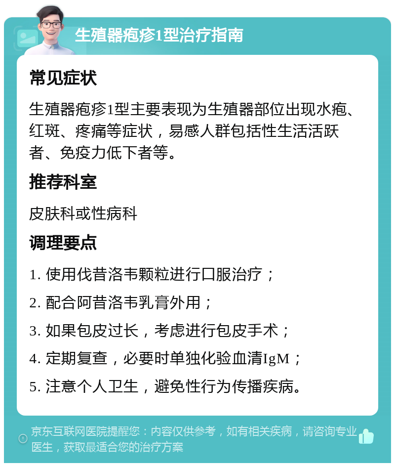 生殖器疱疹1型治疗指南 常见症状 生殖器疱疹1型主要表现为生殖器部位出现水疱、红斑、疼痛等症状，易感人群包括性生活活跃者、免疫力低下者等。 推荐科室 皮肤科或性病科 调理要点 1. 使用伐昔洛韦颗粒进行口服治疗； 2. 配合阿昔洛韦乳膏外用； 3. 如果包皮过长，考虑进行包皮手术； 4. 定期复查，必要时单独化验血清IgM； 5. 注意个人卫生，避免性行为传播疾病。