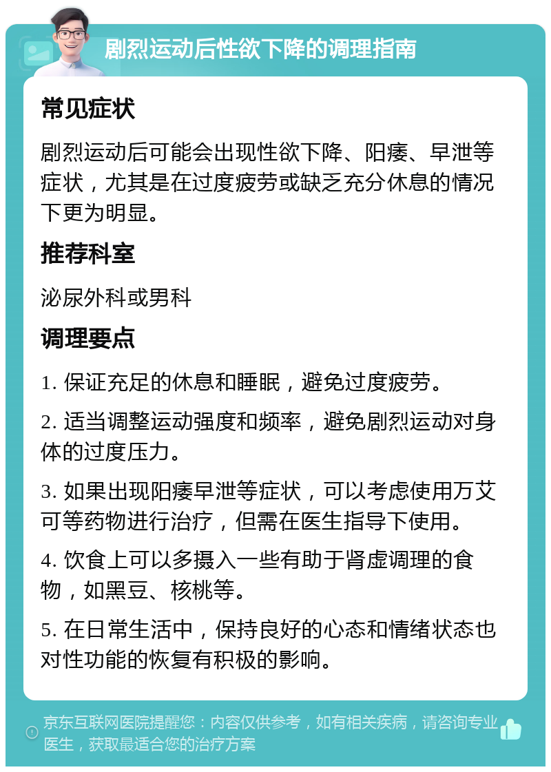 剧烈运动后性欲下降的调理指南 常见症状 剧烈运动后可能会出现性欲下降、阳痿、早泄等症状，尤其是在过度疲劳或缺乏充分休息的情况下更为明显。 推荐科室 泌尿外科或男科 调理要点 1. 保证充足的休息和睡眠，避免过度疲劳。 2. 适当调整运动强度和频率，避免剧烈运动对身体的过度压力。 3. 如果出现阳痿早泄等症状，可以考虑使用万艾可等药物进行治疗，但需在医生指导下使用。 4. 饮食上可以多摄入一些有助于肾虚调理的食物，如黑豆、核桃等。 5. 在日常生活中，保持良好的心态和情绪状态也对性功能的恢复有积极的影响。