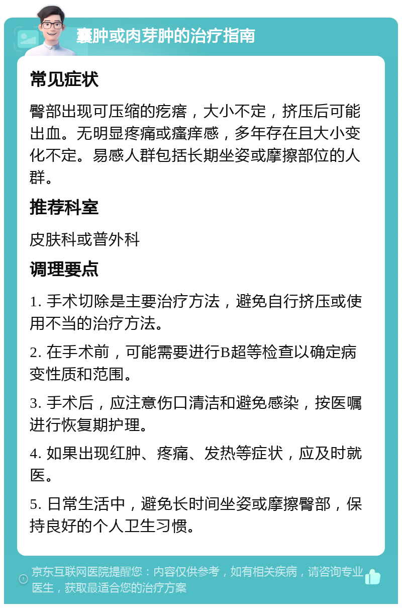 囊肿或肉芽肿的治疗指南 常见症状 臀部出现可压缩的疙瘩，大小不定，挤压后可能出血。无明显疼痛或瘙痒感，多年存在且大小变化不定。易感人群包括长期坐姿或摩擦部位的人群。 推荐科室 皮肤科或普外科 调理要点 1. 手术切除是主要治疗方法，避免自行挤压或使用不当的治疗方法。 2. 在手术前，可能需要进行B超等检查以确定病变性质和范围。 3. 手术后，应注意伤口清洁和避免感染，按医嘱进行恢复期护理。 4. 如果出现红肿、疼痛、发热等症状，应及时就医。 5. 日常生活中，避免长时间坐姿或摩擦臀部，保持良好的个人卫生习惯。