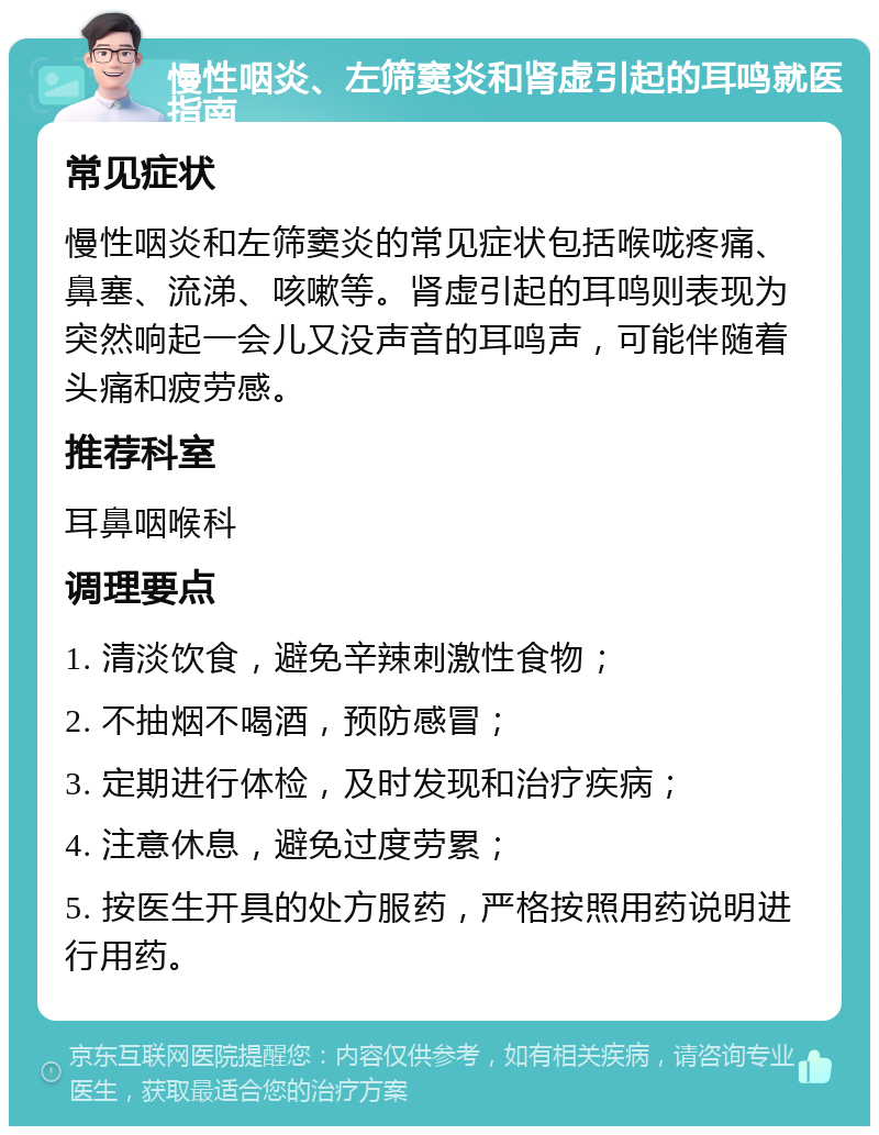 慢性咽炎、左筛窦炎和肾虚引起的耳鸣就医指南 常见症状 慢性咽炎和左筛窦炎的常见症状包括喉咙疼痛、鼻塞、流涕、咳嗽等。肾虚引起的耳鸣则表现为突然响起一会儿又没声音的耳鸣声，可能伴随着头痛和疲劳感。 推荐科室 耳鼻咽喉科 调理要点 1. 清淡饮食，避免辛辣刺激性食物； 2. 不抽烟不喝酒，预防感冒； 3. 定期进行体检，及时发现和治疗疾病； 4. 注意休息，避免过度劳累； 5. 按医生开具的处方服药，严格按照用药说明进行用药。