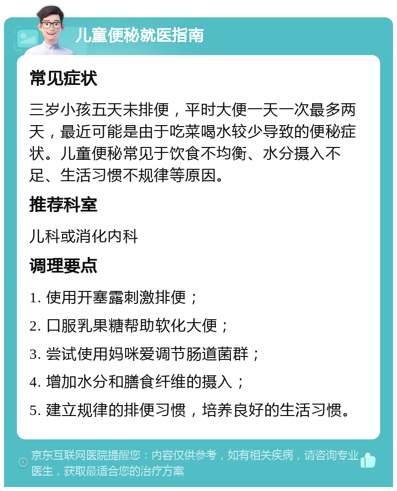 儿童便秘就医指南 常见症状 三岁小孩五天未排便，平时大便一天一次最多两天，最近可能是由于吃菜喝水较少导致的便秘症状。儿童便秘常见于饮食不均衡、水分摄入不足、生活习惯不规律等原因。 推荐科室 儿科或消化内科 调理要点 1. 使用开塞露刺激排便； 2. 口服乳果糖帮助软化大便； 3. 尝试使用妈咪爱调节肠道菌群； 4. 增加水分和膳食纤维的摄入； 5. 建立规律的排便习惯，培养良好的生活习惯。