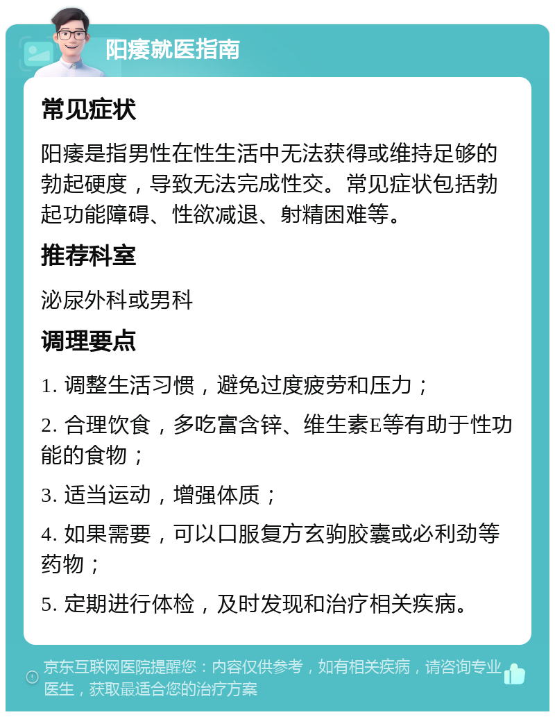 阳痿就医指南 常见症状 阳痿是指男性在性生活中无法获得或维持足够的勃起硬度，导致无法完成性交。常见症状包括勃起功能障碍、性欲减退、射精困难等。 推荐科室 泌尿外科或男科 调理要点 1. 调整生活习惯，避免过度疲劳和压力； 2. 合理饮食，多吃富含锌、维生素E等有助于性功能的食物； 3. 适当运动，增强体质； 4. 如果需要，可以口服复方玄驹胶囊或必利劲等药物； 5. 定期进行体检，及时发现和治疗相关疾病。