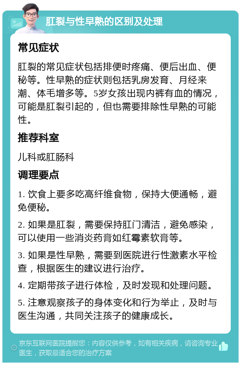 肛裂与性早熟的区别及处理 常见症状 肛裂的常见症状包括排便时疼痛、便后出血、便秘等。性早熟的症状则包括乳房发育、月经来潮、体毛增多等。5岁女孩出现内裤有血的情况，可能是肛裂引起的，但也需要排除性早熟的可能性。 推荐科室 儿科或肛肠科 调理要点 1. 饮食上要多吃高纤维食物，保持大便通畅，避免便秘。 2. 如果是肛裂，需要保持肛门清洁，避免感染，可以使用一些消炎药膏如红霉素软膏等。 3. 如果是性早熟，需要到医院进行性激素水平检查，根据医生的建议进行治疗。 4. 定期带孩子进行体检，及时发现和处理问题。 5. 注意观察孩子的身体变化和行为举止，及时与医生沟通，共同关注孩子的健康成长。