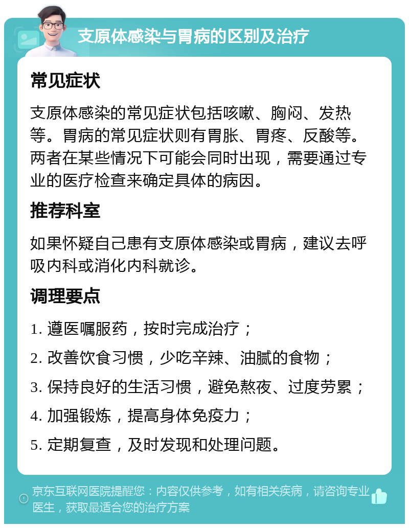 支原体感染与胃病的区别及治疗 常见症状 支原体感染的常见症状包括咳嗽、胸闷、发热等。胃病的常见症状则有胃胀、胃疼、反酸等。两者在某些情况下可能会同时出现，需要通过专业的医疗检查来确定具体的病因。 推荐科室 如果怀疑自己患有支原体感染或胃病，建议去呼吸内科或消化内科就诊。 调理要点 1. 遵医嘱服药，按时完成治疗； 2. 改善饮食习惯，少吃辛辣、油腻的食物； 3. 保持良好的生活习惯，避免熬夜、过度劳累； 4. 加强锻炼，提高身体免疫力； 5. 定期复查，及时发现和处理问题。