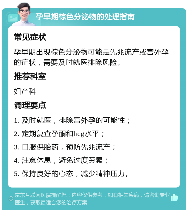 孕早期棕色分泌物的处理指南 常见症状 孕早期出现棕色分泌物可能是先兆流产或宫外孕的症状，需要及时就医排除风险。 推荐科室 妇产科 调理要点 1. 及时就医，排除宫外孕的可能性； 2. 定期复查孕酮和hcg水平； 3. 口服保胎药，预防先兆流产； 4. 注意休息，避免过度劳累； 5. 保持良好的心态，减少精神压力。