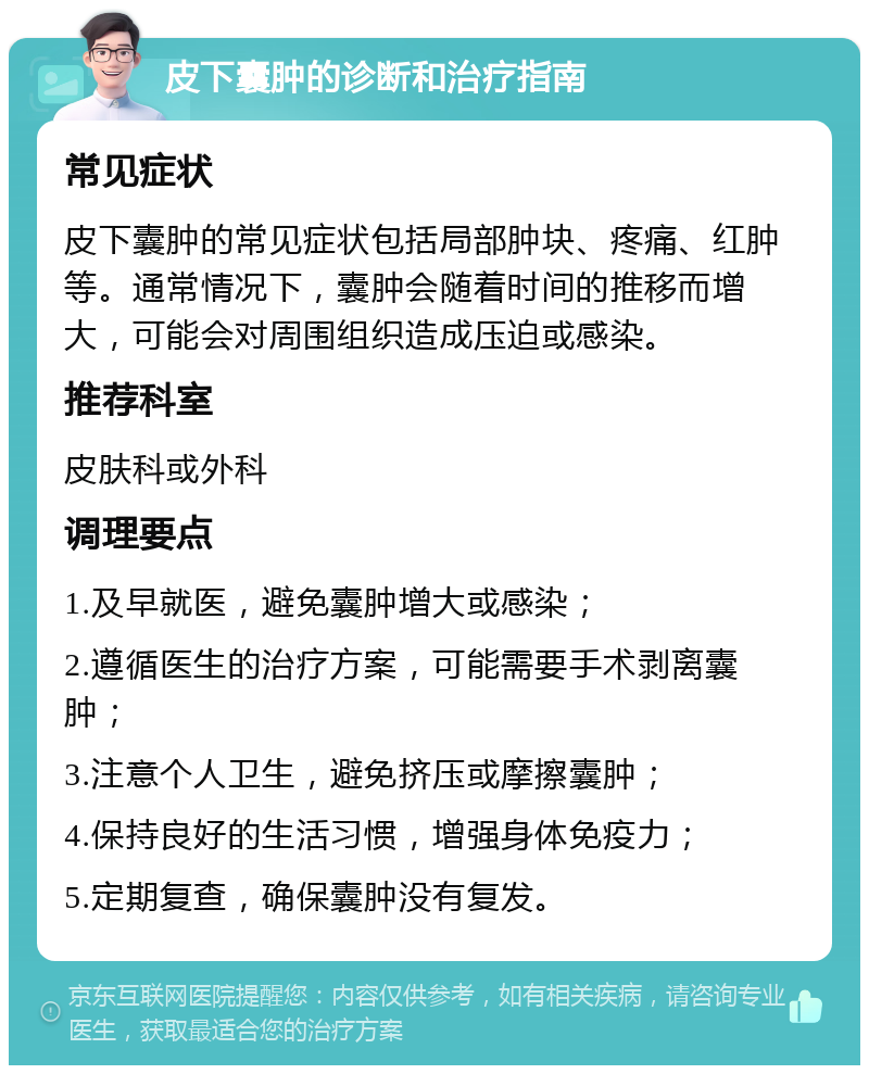 皮下囊肿的诊断和治疗指南 常见症状 皮下囊肿的常见症状包括局部肿块、疼痛、红肿等。通常情况下，囊肿会随着时间的推移而增大，可能会对周围组织造成压迫或感染。 推荐科室 皮肤科或外科 调理要点 1.及早就医，避免囊肿增大或感染； 2.遵循医生的治疗方案，可能需要手术剥离囊肿； 3.注意个人卫生，避免挤压或摩擦囊肿； 4.保持良好的生活习惯，增强身体免疫力； 5.定期复查，确保囊肿没有复发。