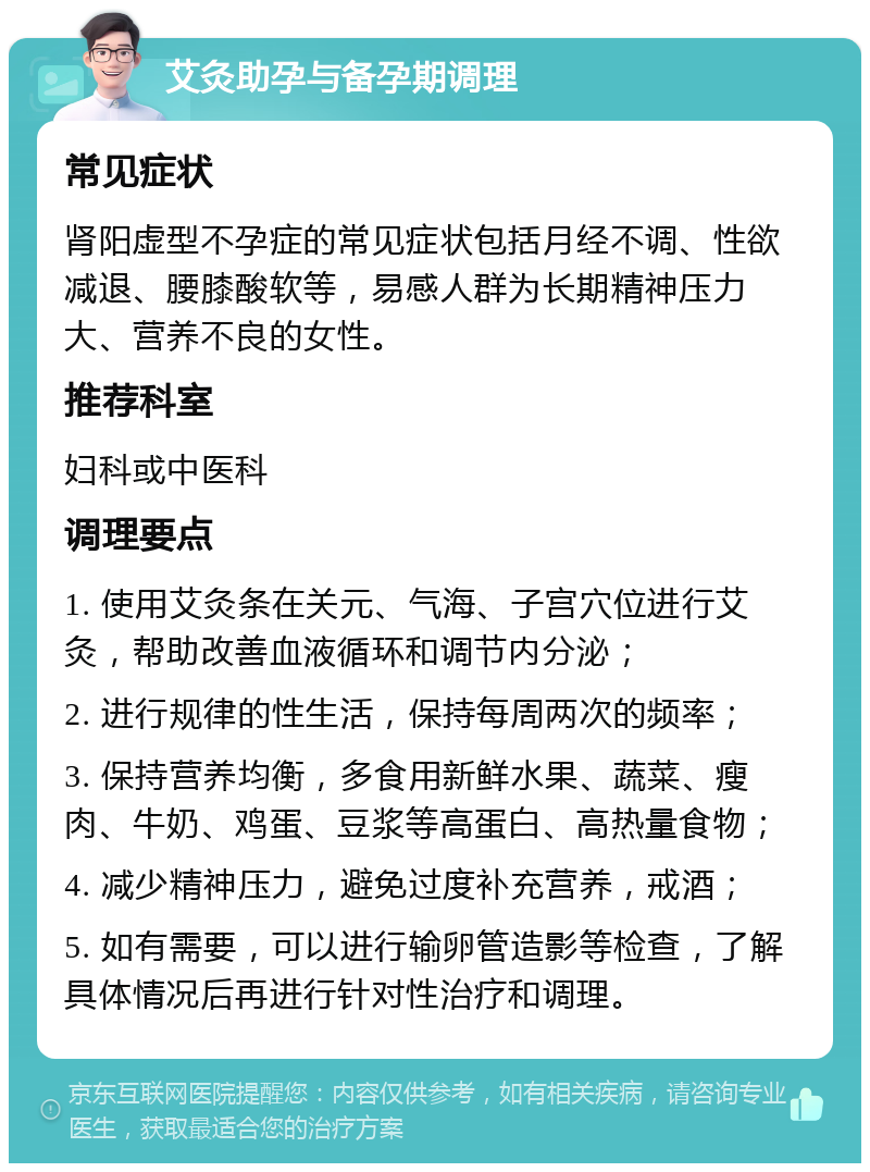 艾灸助孕与备孕期调理 常见症状 肾阳虚型不孕症的常见症状包括月经不调、性欲减退、腰膝酸软等，易感人群为长期精神压力大、营养不良的女性。 推荐科室 妇科或中医科 调理要点 1. 使用艾灸条在关元、气海、子宫穴位进行艾灸，帮助改善血液循环和调节内分泌； 2. 进行规律的性生活，保持每周两次的频率； 3. 保持营养均衡，多食用新鲜水果、蔬菜、瘦肉、牛奶、鸡蛋、豆浆等高蛋白、高热量食物； 4. 减少精神压力，避免过度补充营养，戒酒； 5. 如有需要，可以进行输卵管造影等检查，了解具体情况后再进行针对性治疗和调理。