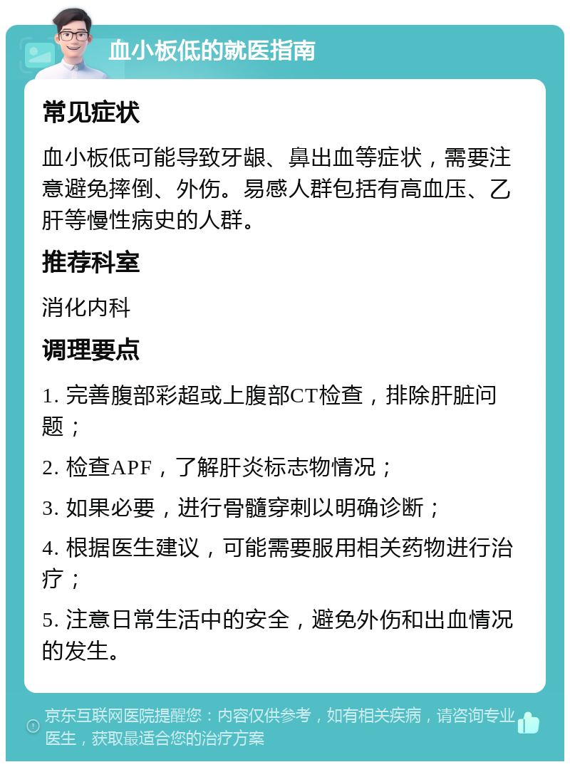 血小板低的就医指南 常见症状 血小板低可能导致牙龈、鼻出血等症状，需要注意避免摔倒、外伤。易感人群包括有高血压、乙肝等慢性病史的人群。 推荐科室 消化内科 调理要点 1. 完善腹部彩超或上腹部CT检查，排除肝脏问题； 2. 检查APF，了解肝炎标志物情况； 3. 如果必要，进行骨髓穿刺以明确诊断； 4. 根据医生建议，可能需要服用相关药物进行治疗； 5. 注意日常生活中的安全，避免外伤和出血情况的发生。