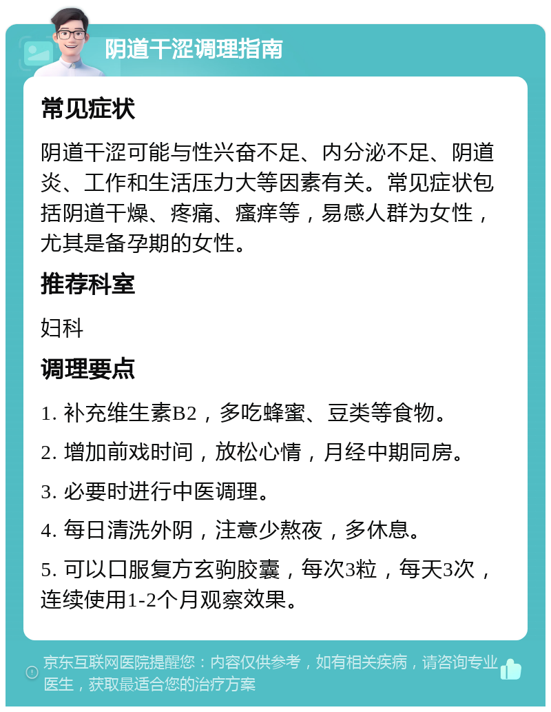 阴道干涩调理指南 常见症状 阴道干涩可能与性兴奋不足、内分泌不足、阴道炎、工作和生活压力大等因素有关。常见症状包括阴道干燥、疼痛、瘙痒等，易感人群为女性，尤其是备孕期的女性。 推荐科室 妇科 调理要点 1. 补充维生素B2，多吃蜂蜜、豆类等食物。 2. 增加前戏时间，放松心情，月经中期同房。 3. 必要时进行中医调理。 4. 每日清洗外阴，注意少熬夜，多休息。 5. 可以口服复方玄驹胶囊，每次3粒，每天3次，连续使用1-2个月观察效果。