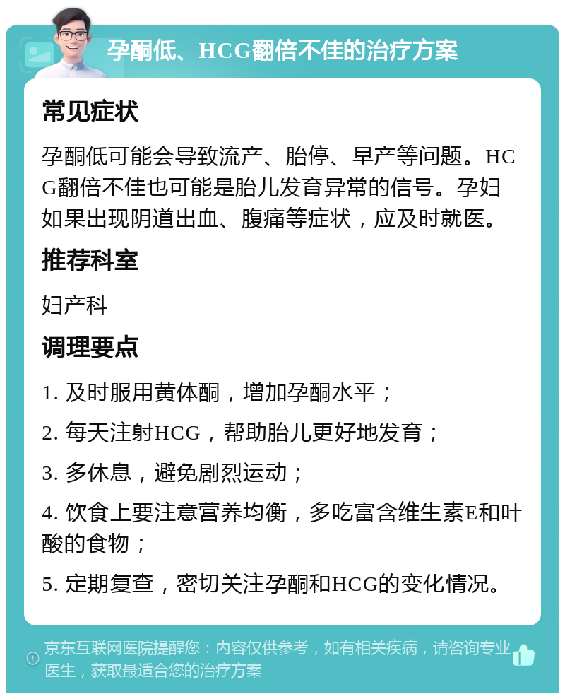 孕酮低、HCG翻倍不佳的治疗方案 常见症状 孕酮低可能会导致流产、胎停、早产等问题。HCG翻倍不佳也可能是胎儿发育异常的信号。孕妇如果出现阴道出血、腹痛等症状，应及时就医。 推荐科室 妇产科 调理要点 1. 及时服用黄体酮，增加孕酮水平； 2. 每天注射HCG，帮助胎儿更好地发育； 3. 多休息，避免剧烈运动； 4. 饮食上要注意营养均衡，多吃富含维生素E和叶酸的食物； 5. 定期复查，密切关注孕酮和HCG的变化情况。