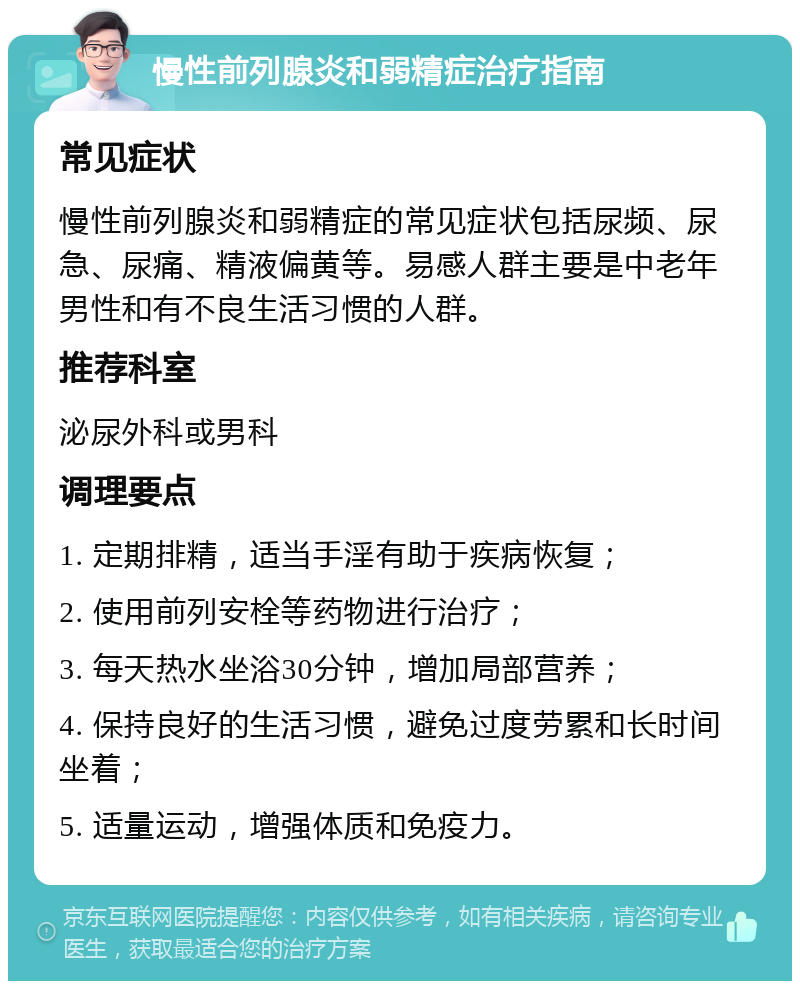 慢性前列腺炎和弱精症治疗指南 常见症状 慢性前列腺炎和弱精症的常见症状包括尿频、尿急、尿痛、精液偏黄等。易感人群主要是中老年男性和有不良生活习惯的人群。 推荐科室 泌尿外科或男科 调理要点 1. 定期排精，适当手淫有助于疾病恢复； 2. 使用前列安栓等药物进行治疗； 3. 每天热水坐浴30分钟，增加局部营养； 4. 保持良好的生活习惯，避免过度劳累和长时间坐着； 5. 适量运动，增强体质和免疫力。