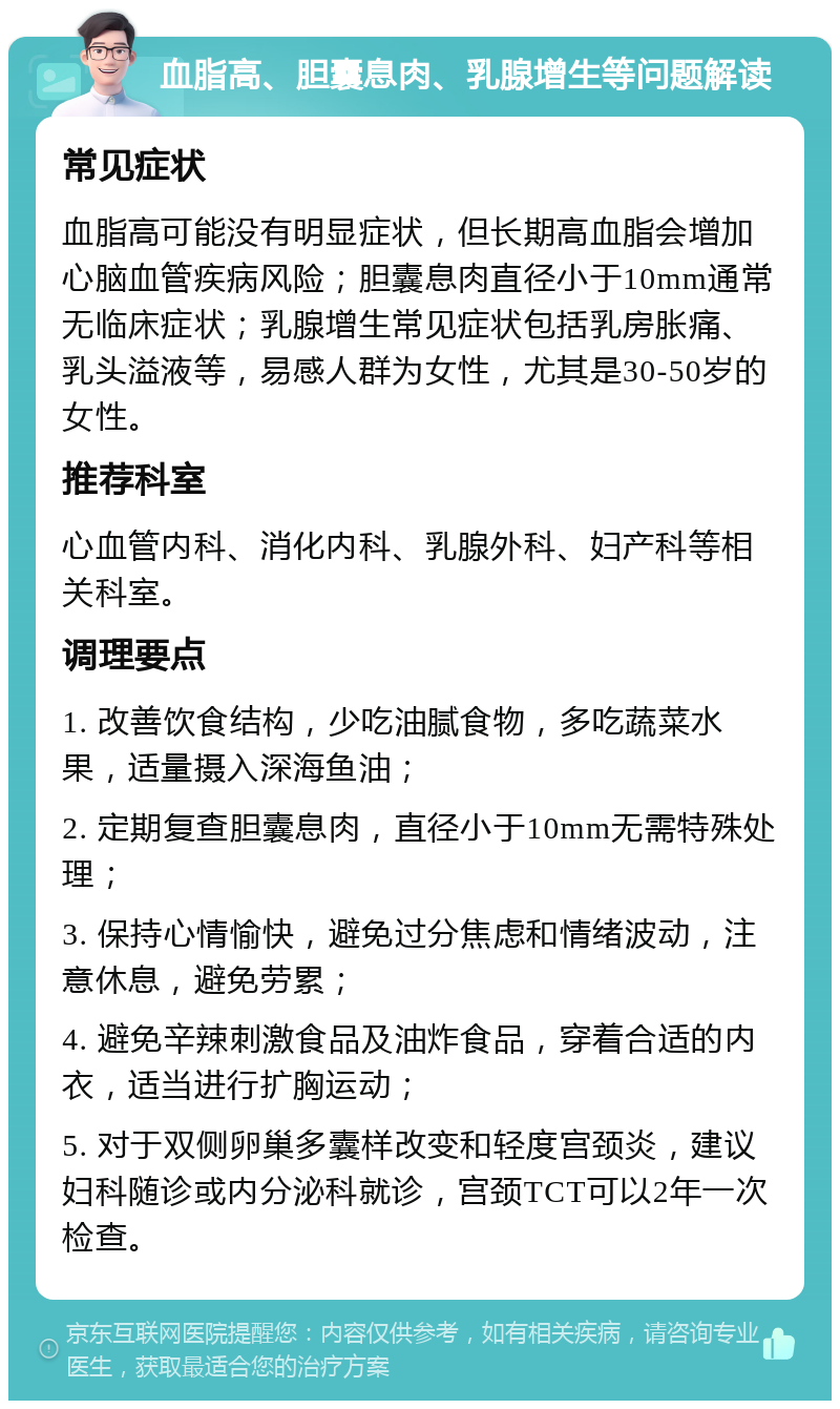 血脂高、胆囊息肉、乳腺增生等问题解读 常见症状 血脂高可能没有明显症状，但长期高血脂会增加心脑血管疾病风险；胆囊息肉直径小于10mm通常无临床症状；乳腺增生常见症状包括乳房胀痛、乳头溢液等，易感人群为女性，尤其是30-50岁的女性。 推荐科室 心血管内科、消化内科、乳腺外科、妇产科等相关科室。 调理要点 1. 改善饮食结构，少吃油腻食物，多吃蔬菜水果，适量摄入深海鱼油； 2. 定期复查胆囊息肉，直径小于10mm无需特殊处理； 3. 保持心情愉快，避免过分焦虑和情绪波动，注意休息，避免劳累； 4. 避免辛辣刺激食品及油炸食品，穿着合适的内衣，适当进行扩胸运动； 5. 对于双侧卵巢多囊样改变和轻度宫颈炎，建议妇科随诊或内分泌科就诊，宫颈TCT可以2年一次检查。