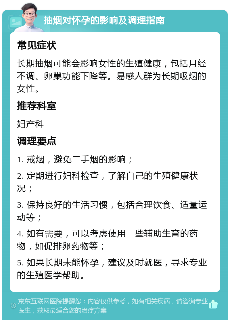 抽烟对怀孕的影响及调理指南 常见症状 长期抽烟可能会影响女性的生殖健康，包括月经不调、卵巢功能下降等。易感人群为长期吸烟的女性。 推荐科室 妇产科 调理要点 1. 戒烟，避免二手烟的影响； 2. 定期进行妇科检查，了解自己的生殖健康状况； 3. 保持良好的生活习惯，包括合理饮食、适量运动等； 4. 如有需要，可以考虑使用一些辅助生育的药物，如促排卵药物等； 5. 如果长期未能怀孕，建议及时就医，寻求专业的生殖医学帮助。