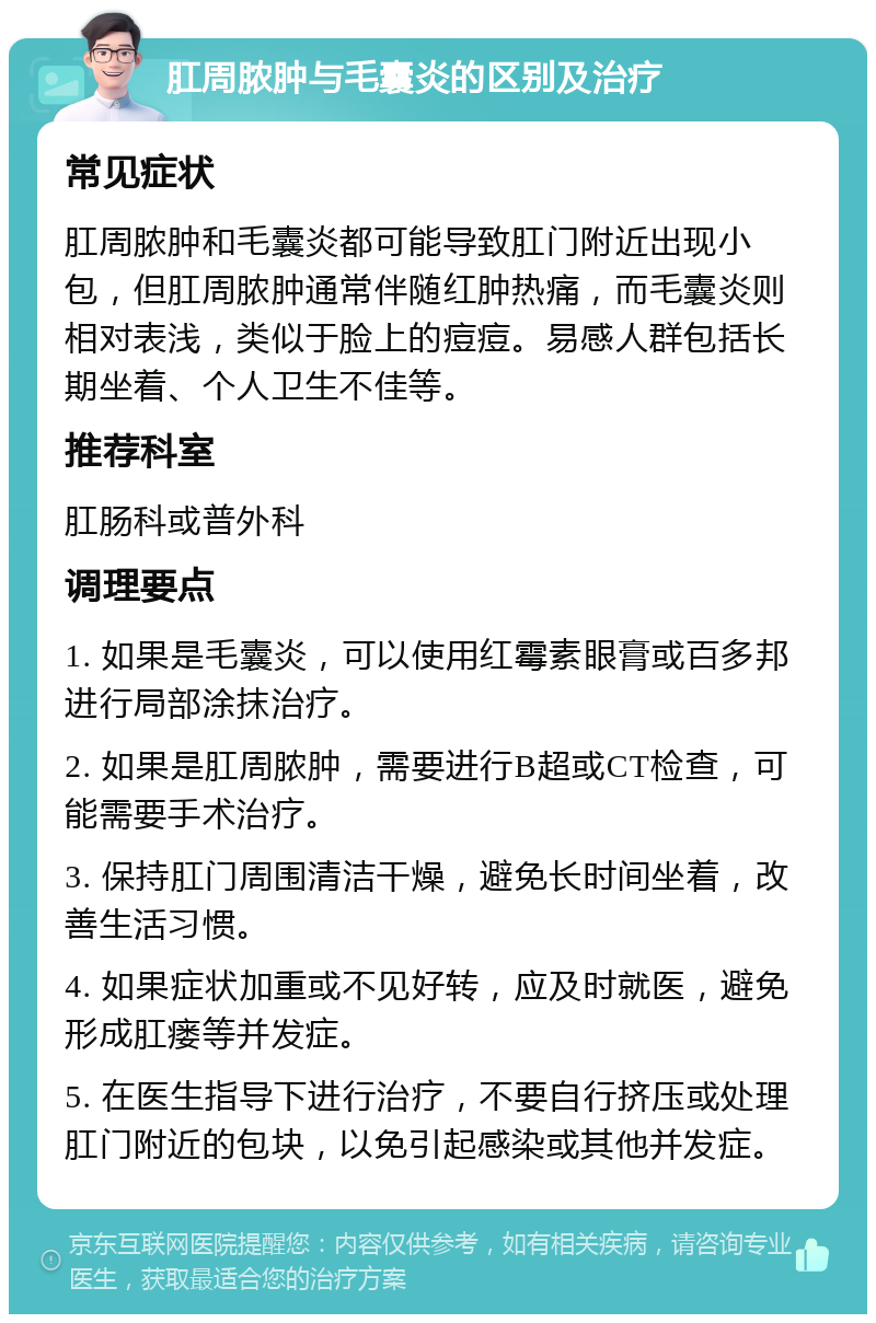 肛周脓肿与毛囊炎的区别及治疗 常见症状 肛周脓肿和毛囊炎都可能导致肛门附近出现小包，但肛周脓肿通常伴随红肿热痛，而毛囊炎则相对表浅，类似于脸上的痘痘。易感人群包括长期坐着、个人卫生不佳等。 推荐科室 肛肠科或普外科 调理要点 1. 如果是毛囊炎，可以使用红霉素眼膏或百多邦进行局部涂抹治疗。 2. 如果是肛周脓肿，需要进行B超或CT检查，可能需要手术治疗。 3. 保持肛门周围清洁干燥，避免长时间坐着，改善生活习惯。 4. 如果症状加重或不见好转，应及时就医，避免形成肛瘘等并发症。 5. 在医生指导下进行治疗，不要自行挤压或处理肛门附近的包块，以免引起感染或其他并发症。