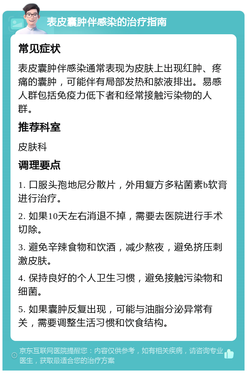 表皮囊肿伴感染的治疗指南 常见症状 表皮囊肿伴感染通常表现为皮肤上出现红肿、疼痛的囊肿，可能伴有局部发热和脓液排出。易感人群包括免疫力低下者和经常接触污染物的人群。 推荐科室 皮肤科 调理要点 1. 口服头孢地尼分散片，外用复方多粘菌素b软膏进行治疗。 2. 如果10天左右消退不掉，需要去医院进行手术切除。 3. 避免辛辣食物和饮酒，减少熬夜，避免挤压刺激皮肤。 4. 保持良好的个人卫生习惯，避免接触污染物和细菌。 5. 如果囊肿反复出现，可能与油脂分泌异常有关，需要调整生活习惯和饮食结构。