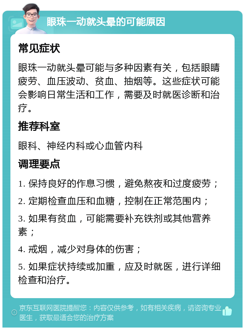 眼珠一动就头晕的可能原因 常见症状 眼珠一动就头晕可能与多种因素有关，包括眼睛疲劳、血压波动、贫血、抽烟等。这些症状可能会影响日常生活和工作，需要及时就医诊断和治疗。 推荐科室 眼科、神经内科或心血管内科 调理要点 1. 保持良好的作息习惯，避免熬夜和过度疲劳； 2. 定期检查血压和血糖，控制在正常范围内； 3. 如果有贫血，可能需要补充铁剂或其他营养素； 4. 戒烟，减少对身体的伤害； 5. 如果症状持续或加重，应及时就医，进行详细检查和治疗。