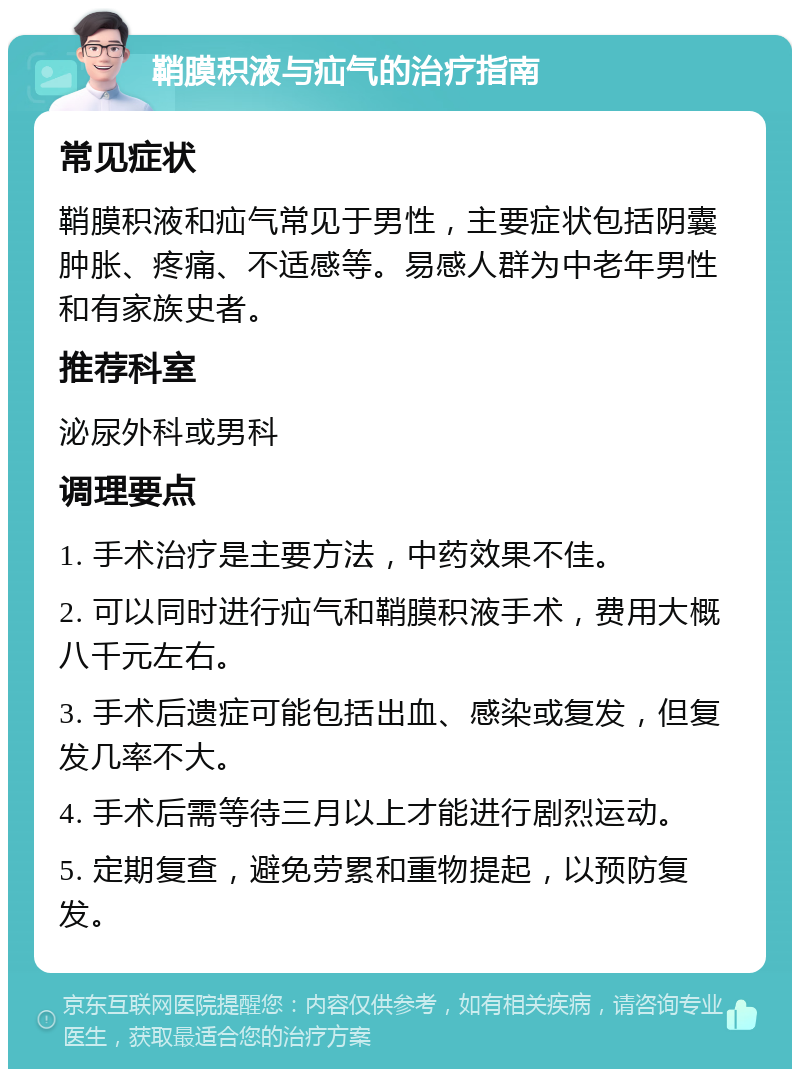 鞘膜积液与疝气的治疗指南 常见症状 鞘膜积液和疝气常见于男性，主要症状包括阴囊肿胀、疼痛、不适感等。易感人群为中老年男性和有家族史者。 推荐科室 泌尿外科或男科 调理要点 1. 手术治疗是主要方法，中药效果不佳。 2. 可以同时进行疝气和鞘膜积液手术，费用大概八千元左右。 3. 手术后遗症可能包括出血、感染或复发，但复发几率不大。 4. 手术后需等待三月以上才能进行剧烈运动。 5. 定期复查，避免劳累和重物提起，以预防复发。