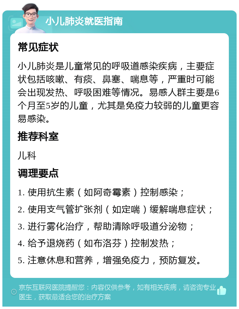 小儿肺炎就医指南 常见症状 小儿肺炎是儿童常见的呼吸道感染疾病，主要症状包括咳嗽、有痰、鼻塞、喘息等，严重时可能会出现发热、呼吸困难等情况。易感人群主要是6个月至5岁的儿童，尤其是免疫力较弱的儿童更容易感染。 推荐科室 儿科 调理要点 1. 使用抗生素（如阿奇霉素）控制感染； 2. 使用支气管扩张剂（如定喘）缓解喘息症状； 3. 进行雾化治疗，帮助清除呼吸道分泌物； 4. 给予退烧药（如布洛芬）控制发热； 5. 注意休息和营养，增强免疫力，预防复发。