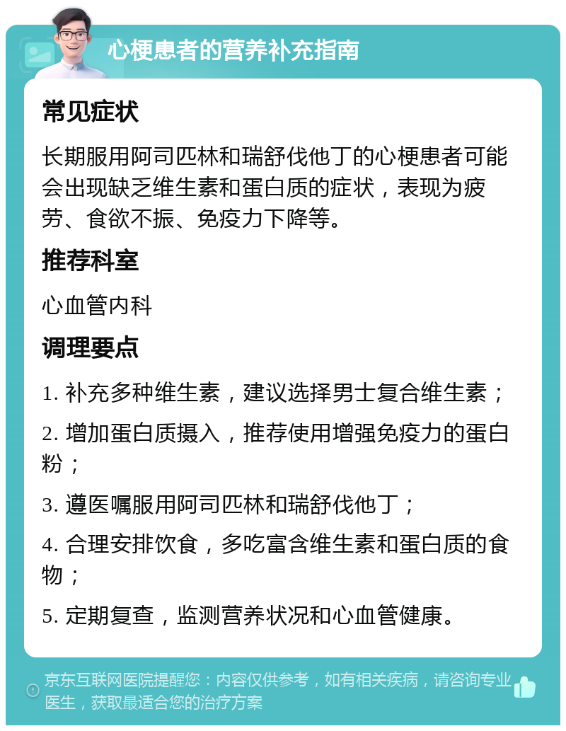 心梗患者的营养补充指南 常见症状 长期服用阿司匹林和瑞舒伐他丁的心梗患者可能会出现缺乏维生素和蛋白质的症状，表现为疲劳、食欲不振、免疫力下降等。 推荐科室 心血管内科 调理要点 1. 补充多种维生素，建议选择男士复合维生素； 2. 增加蛋白质摄入，推荐使用增强免疫力的蛋白粉； 3. 遵医嘱服用阿司匹林和瑞舒伐他丁； 4. 合理安排饮食，多吃富含维生素和蛋白质的食物； 5. 定期复查，监测营养状况和心血管健康。