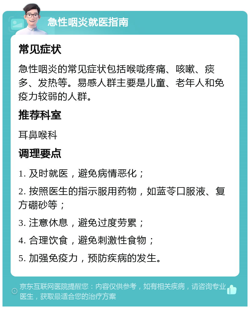 急性咽炎就医指南 常见症状 急性咽炎的常见症状包括喉咙疼痛、咳嗽、痰多、发热等。易感人群主要是儿童、老年人和免疫力较弱的人群。 推荐科室 耳鼻喉科 调理要点 1. 及时就医，避免病情恶化； 2. 按照医生的指示服用药物，如蓝苓口服液、复方硼砂等； 3. 注意休息，避免过度劳累； 4. 合理饮食，避免刺激性食物； 5. 加强免疫力，预防疾病的发生。