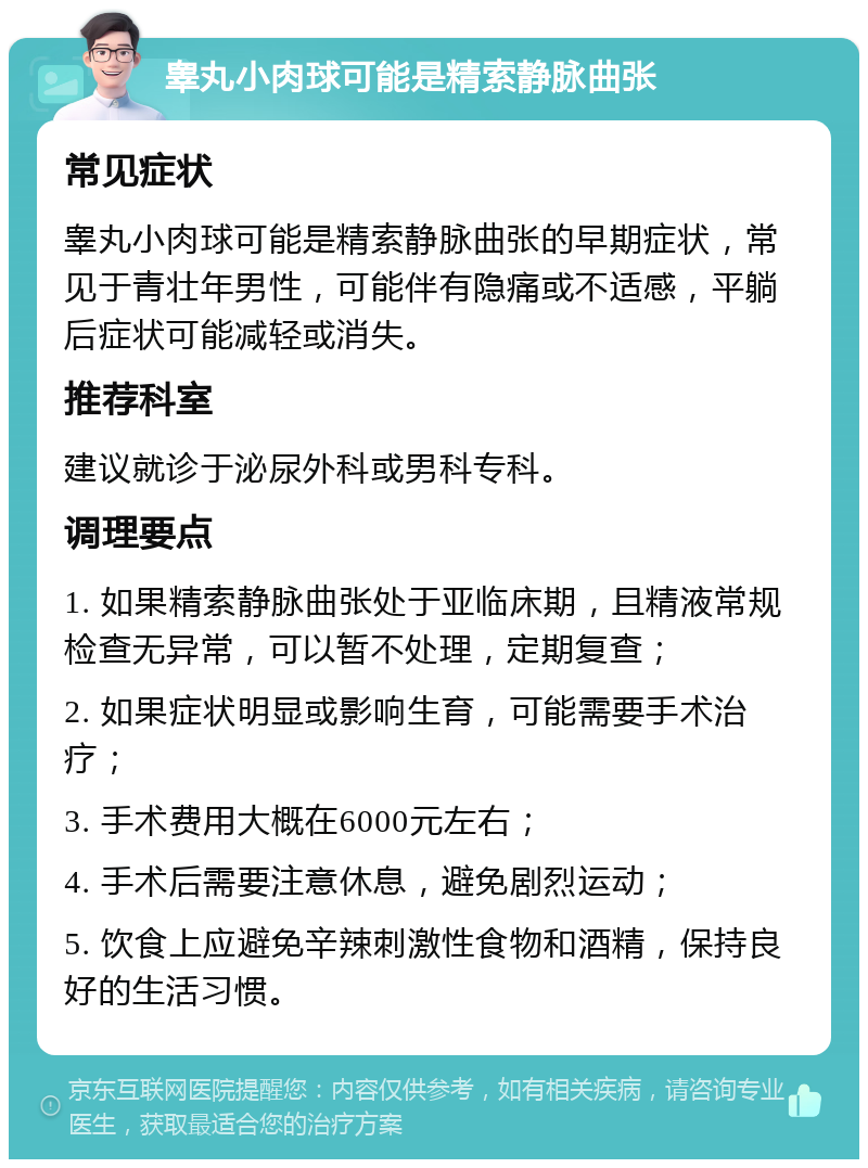 睾丸小肉球可能是精索静脉曲张 常见症状 睾丸小肉球可能是精索静脉曲张的早期症状，常见于青壮年男性，可能伴有隐痛或不适感，平躺后症状可能减轻或消失。 推荐科室 建议就诊于泌尿外科或男科专科。 调理要点 1. 如果精索静脉曲张处于亚临床期，且精液常规检查无异常，可以暂不处理，定期复查； 2. 如果症状明显或影响生育，可能需要手术治疗； 3. 手术费用大概在6000元左右； 4. 手术后需要注意休息，避免剧烈运动； 5. 饮食上应避免辛辣刺激性食物和酒精，保持良好的生活习惯。