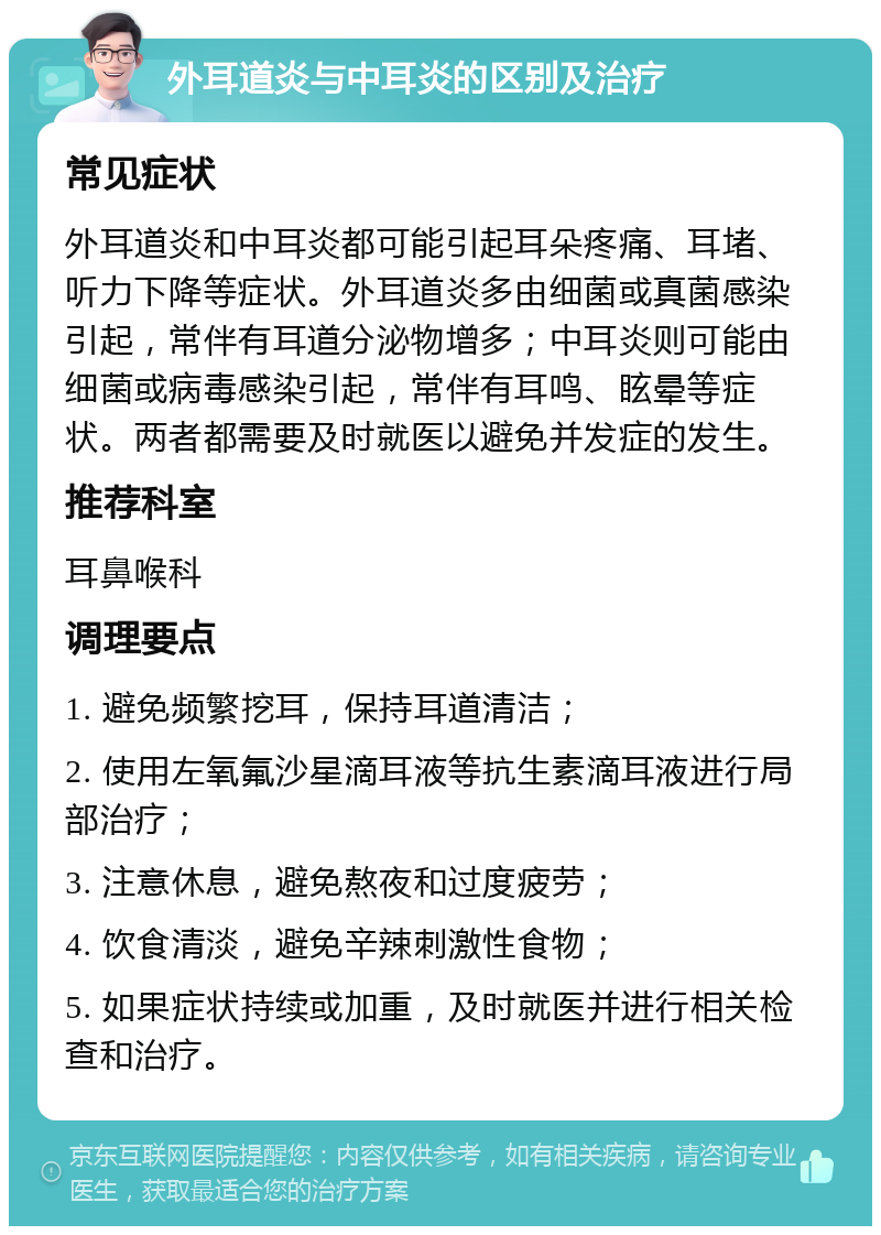 外耳道炎与中耳炎的区别及治疗 常见症状 外耳道炎和中耳炎都可能引起耳朵疼痛、耳堵、听力下降等症状。外耳道炎多由细菌或真菌感染引起，常伴有耳道分泌物增多；中耳炎则可能由细菌或病毒感染引起，常伴有耳鸣、眩晕等症状。两者都需要及时就医以避免并发症的发生。 推荐科室 耳鼻喉科 调理要点 1. 避免频繁挖耳，保持耳道清洁； 2. 使用左氧氟沙星滴耳液等抗生素滴耳液进行局部治疗； 3. 注意休息，避免熬夜和过度疲劳； 4. 饮食清淡，避免辛辣刺激性食物； 5. 如果症状持续或加重，及时就医并进行相关检查和治疗。