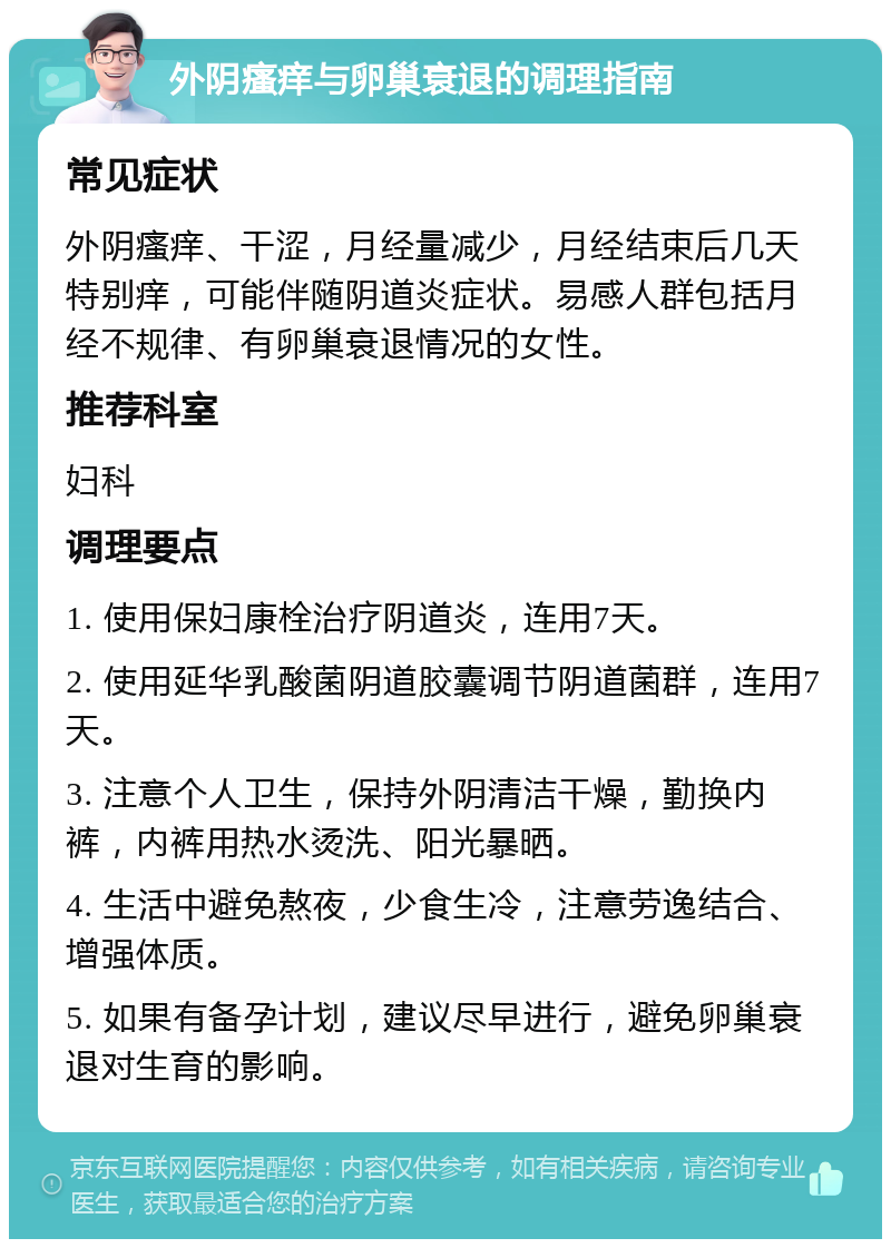 外阴瘙痒与卵巢衰退的调理指南 常见症状 外阴瘙痒、干涩，月经量减少，月经结束后几天特别痒，可能伴随阴道炎症状。易感人群包括月经不规律、有卵巢衰退情况的女性。 推荐科室 妇科 调理要点 1. 使用保妇康栓治疗阴道炎，连用7天。 2. 使用延华乳酸菌阴道胶囊调节阴道菌群，连用7天。 3. 注意个人卫生，保持外阴清洁干燥，勤换内裤，内裤用热水烫洗、阳光暴晒。 4. 生活中避免熬夜，少食生冷，注意劳逸结合、增强体质。 5. 如果有备孕计划，建议尽早进行，避免卵巢衰退对生育的影响。